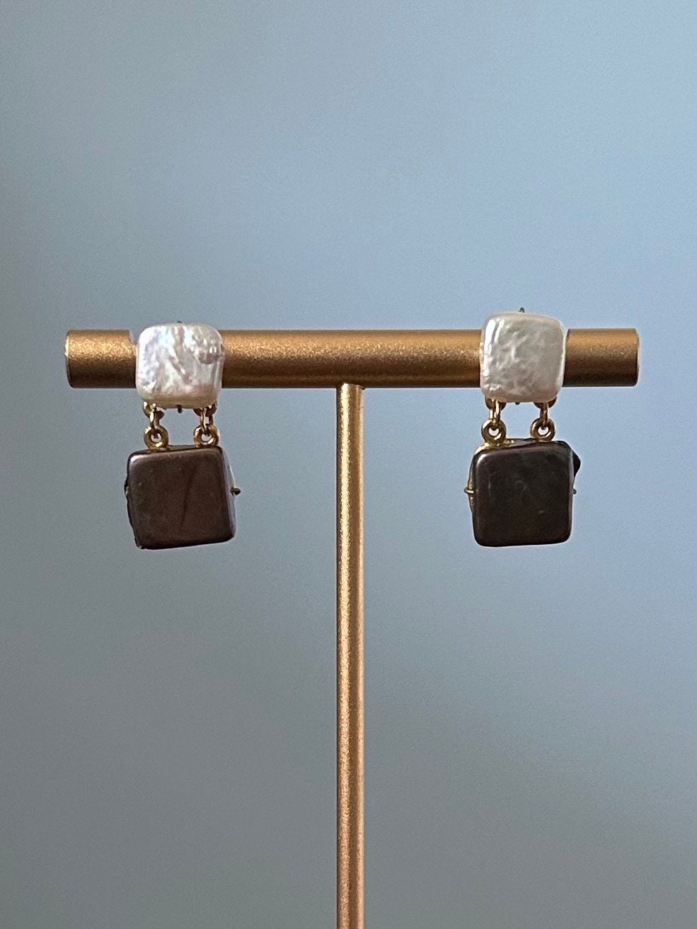 Baroque Style Square Mother of Pearl & Abalone Wire Wrapped Gold Tone Dangle Drop Earrings