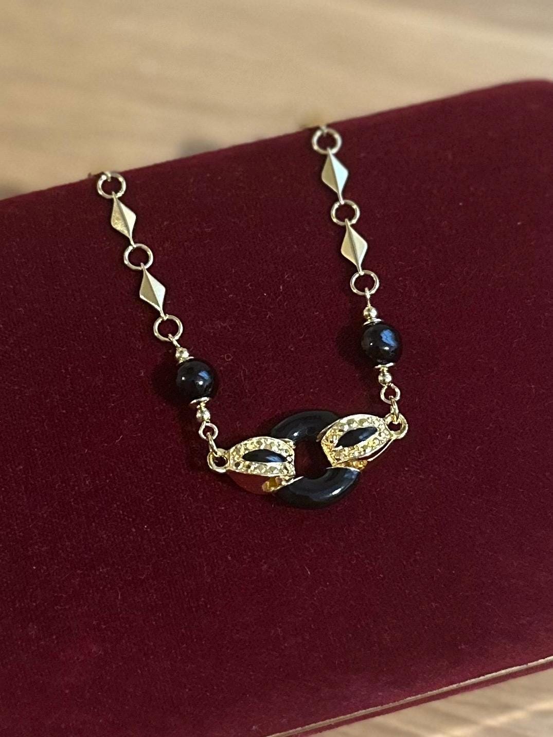 Vintage Shiny Gold Tone & Black Geometric Textured Necklace 17.25”