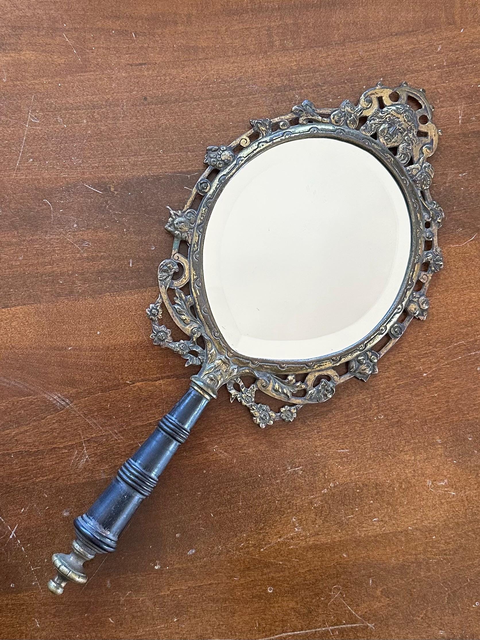 RARE 19th Century Antique Victorian Brass & Black Ebony Wood Beveled Glass Vanity Hand Mirror with Florals, Vines, and Lady Head Art Nouveau