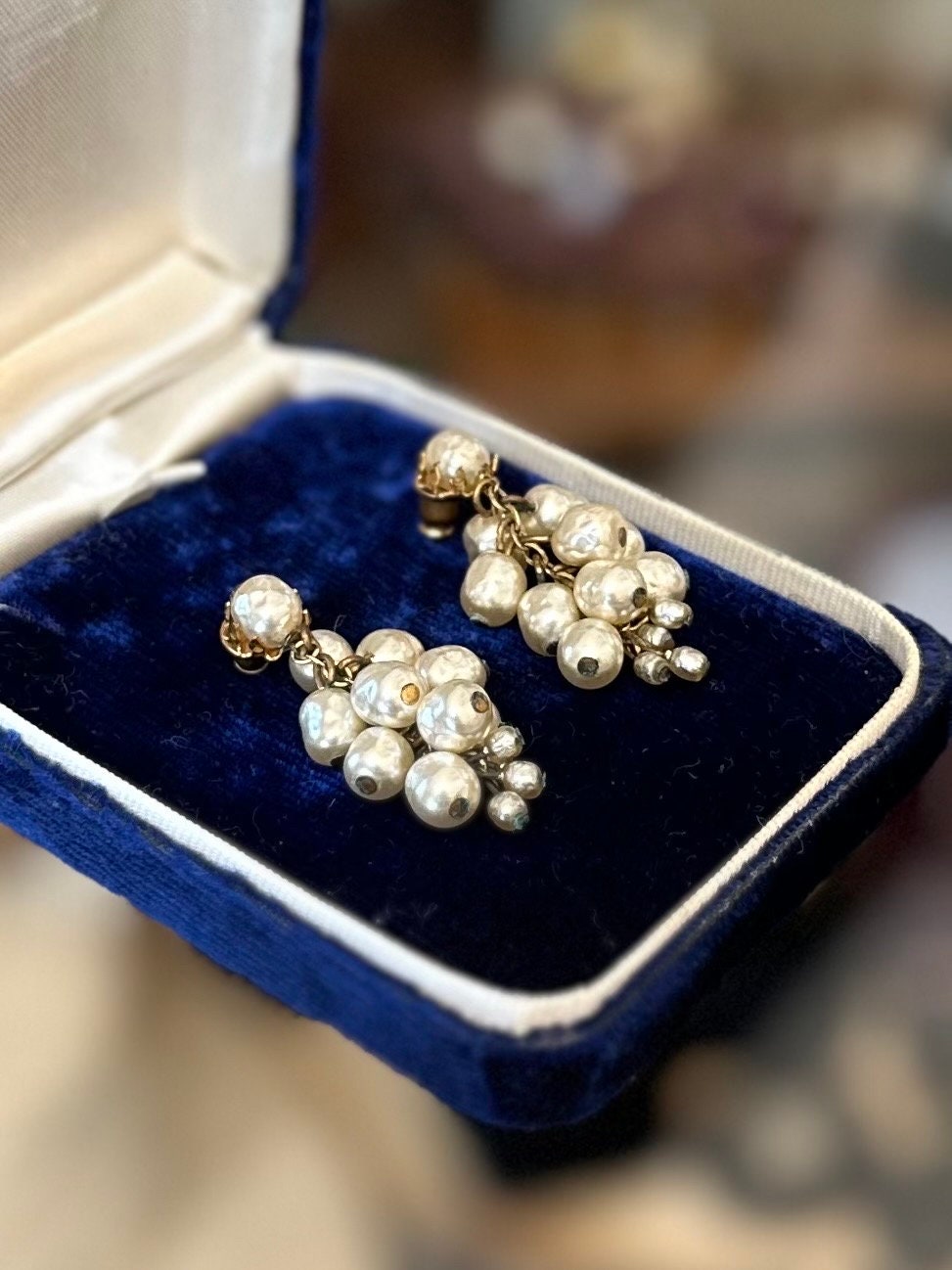 Vintage Signed Miriam Haskell Baroque Faux Pearl Cluster Dangle Earrings Gold Tone