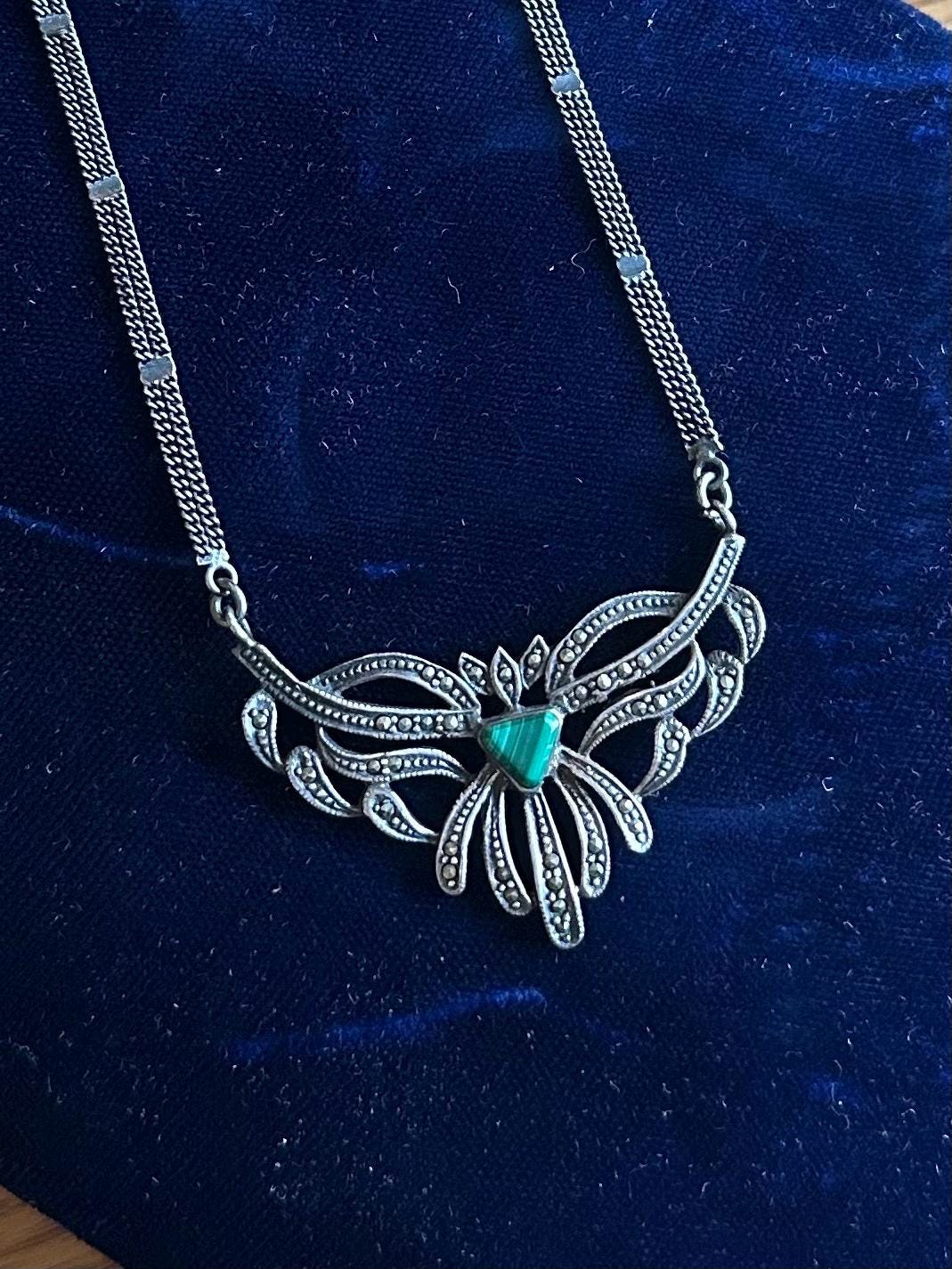 Vintage Art Deco Style Sterling Silver Marcasite & Malachite Pendant Necklace 17”