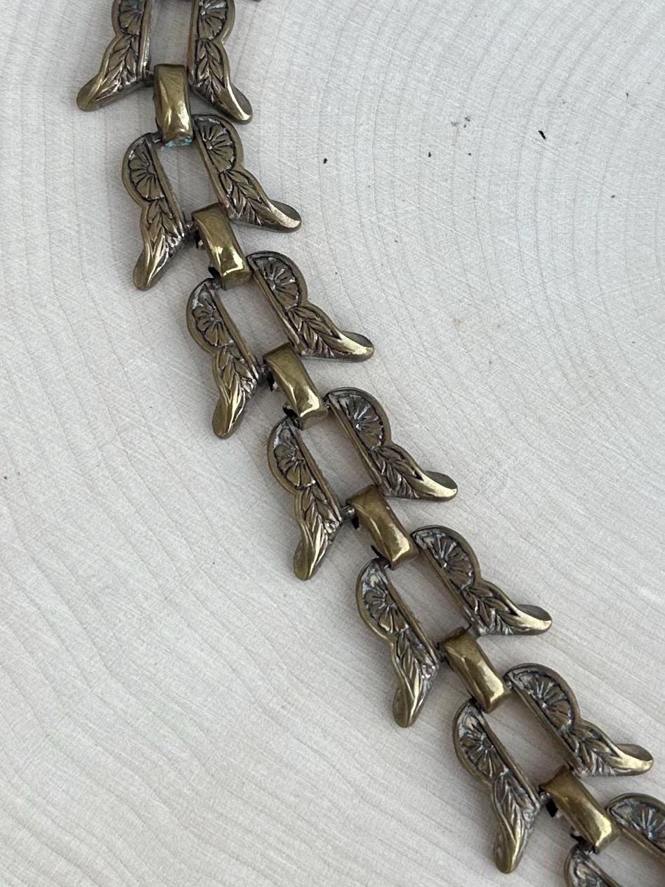 Vintage 1940s 1950s Signed BY MARINO Bronze Tone Floral Etched Link Chain Necklace RARE Midcentury 15.75”