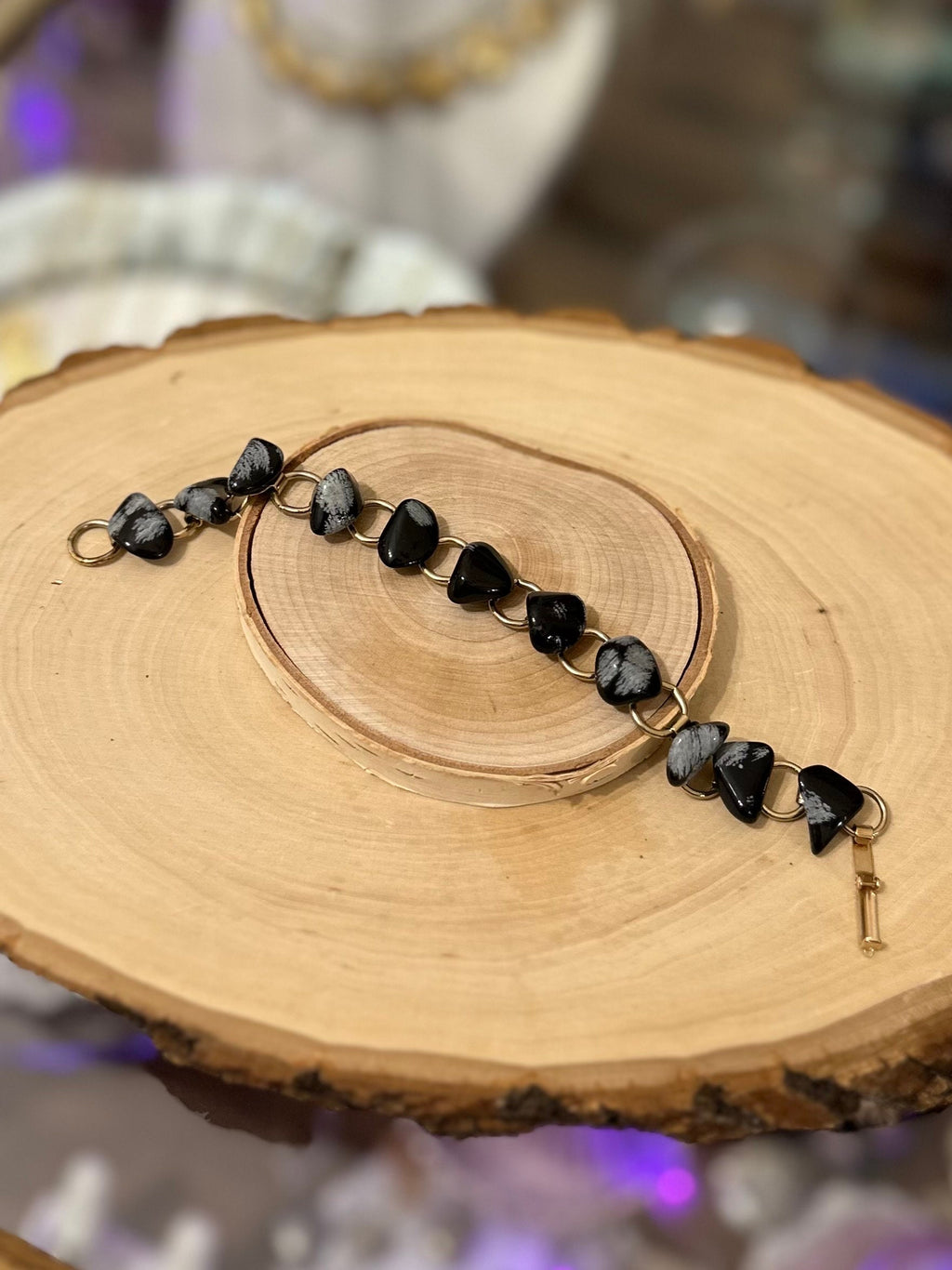 Vintage Gold Tone Polished Black Tourmaline Stone Link Bracelet 7.5"
