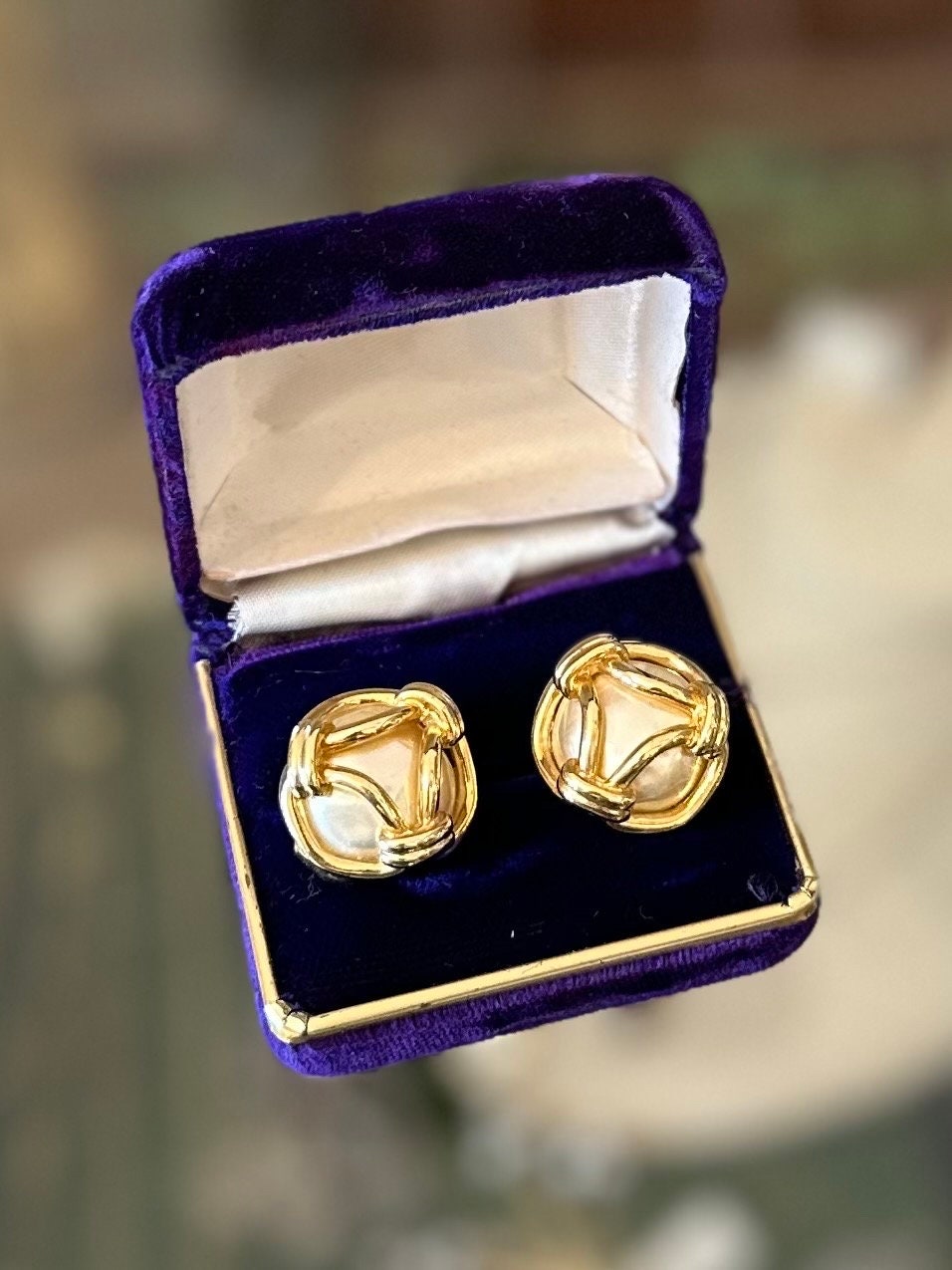 Vintage 1990s Signed Carolee Gold Plated Caged Faux Pearl Stud Earrings