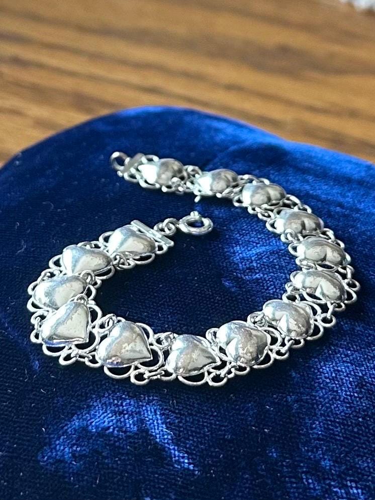 Vintage 925 Sterling Silver Puffy Hearts Open Link Bracelet 7.25"