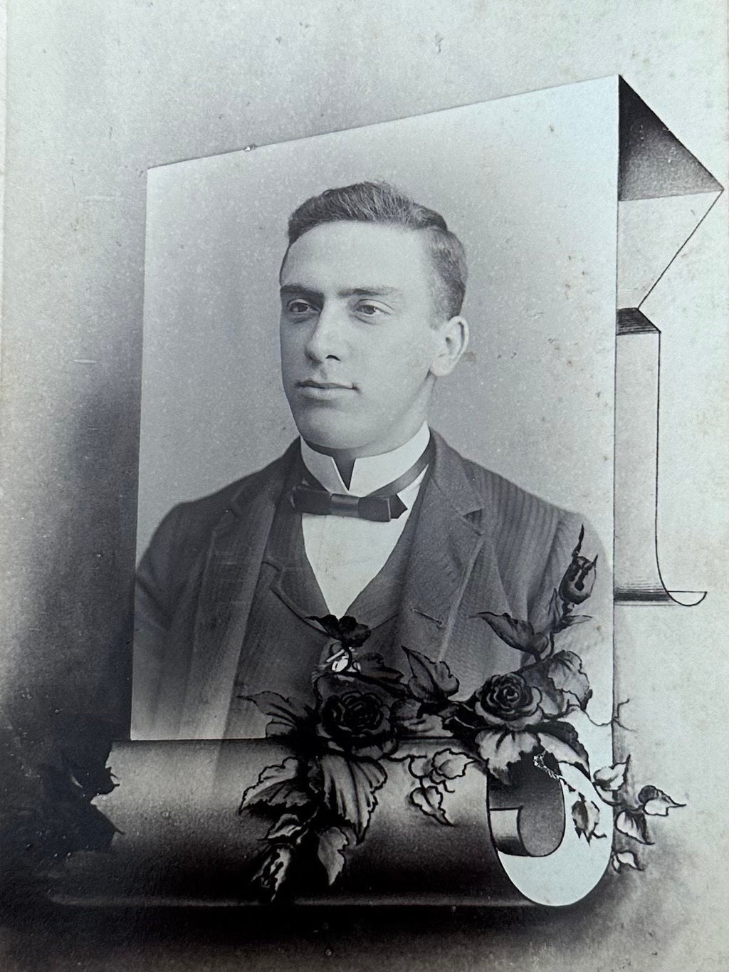Antique Late 1800s Bartholomew Cabinet Card Portrait of Man Roses & Scroll Design Crimped Edges