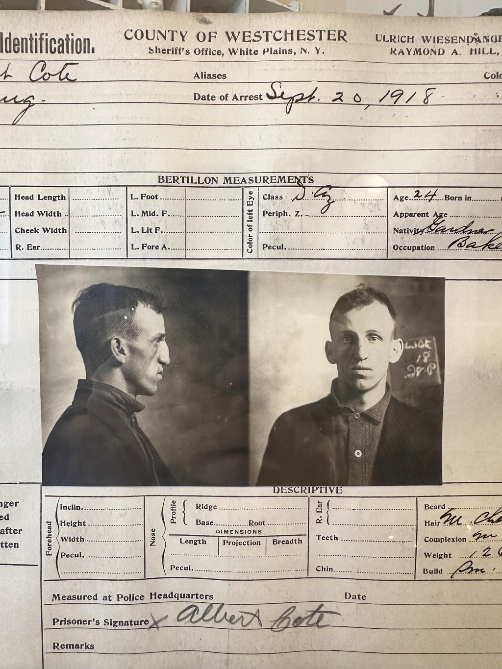 Double Sided Glass Framed Original Antique 1918 Bureau of Identification Mug Shot & Arrest Sheet for Albert Cote Burglary Westchester NY