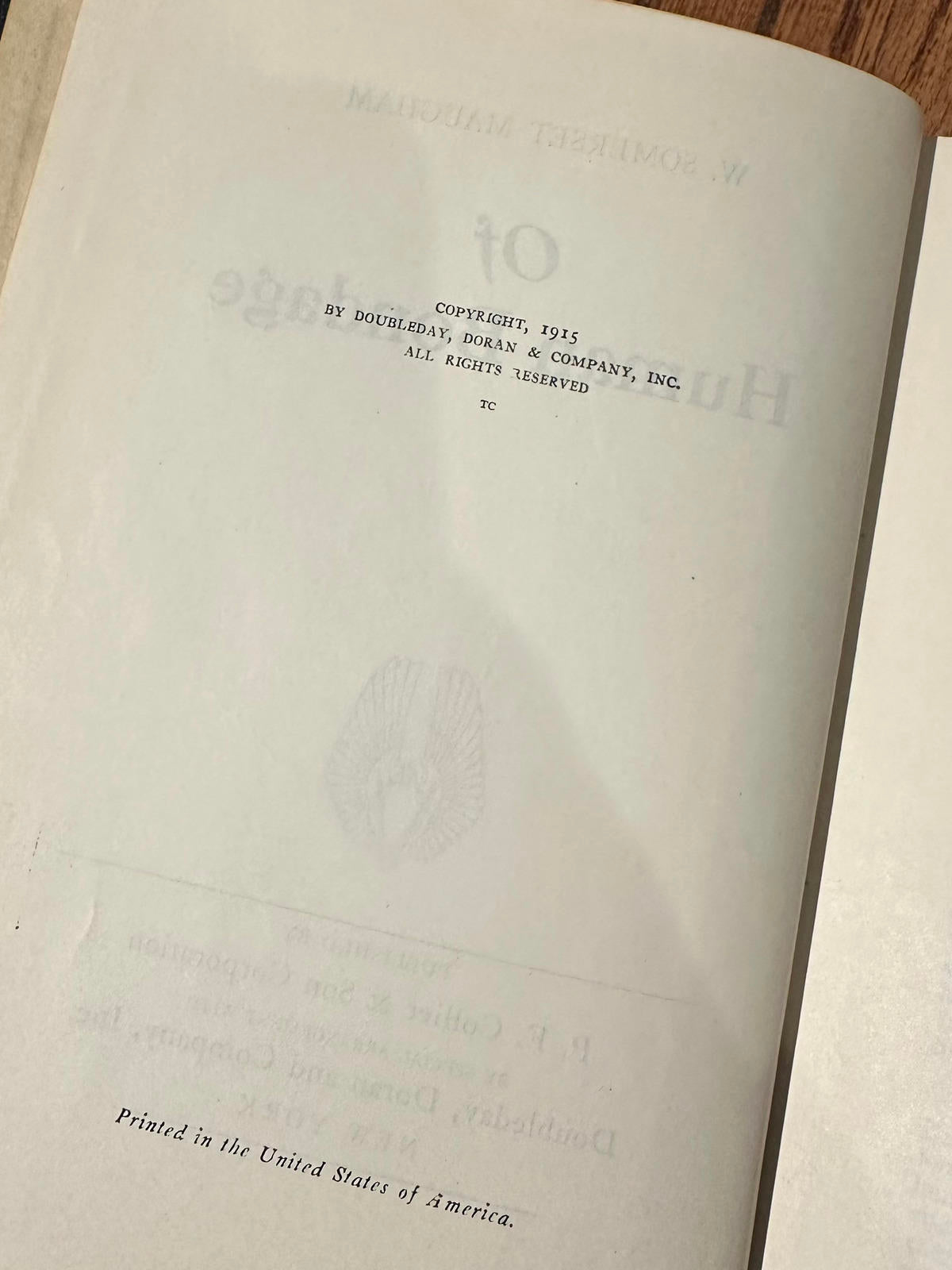 Antique 1915 Of Human Bondage by W. Somerset Maugham Hardcover Book