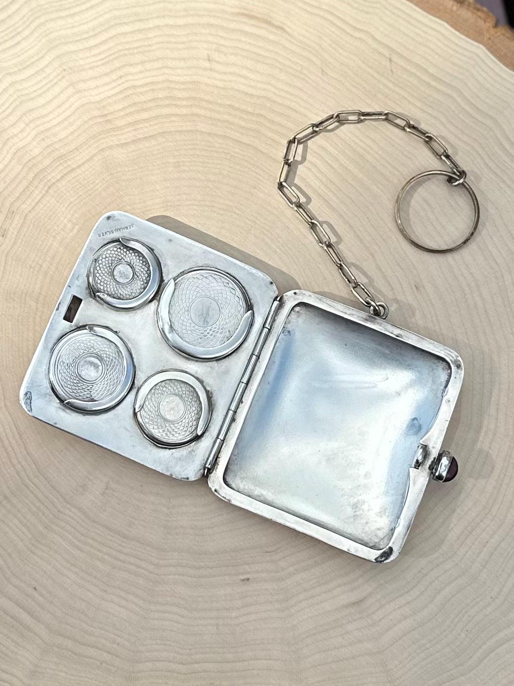 Antique 1920s 1930s Art Deco German Silver Monogrammed HBW Sovereign Coin Holder Chatelaine Compact Genuine Amethyst Cabochon
