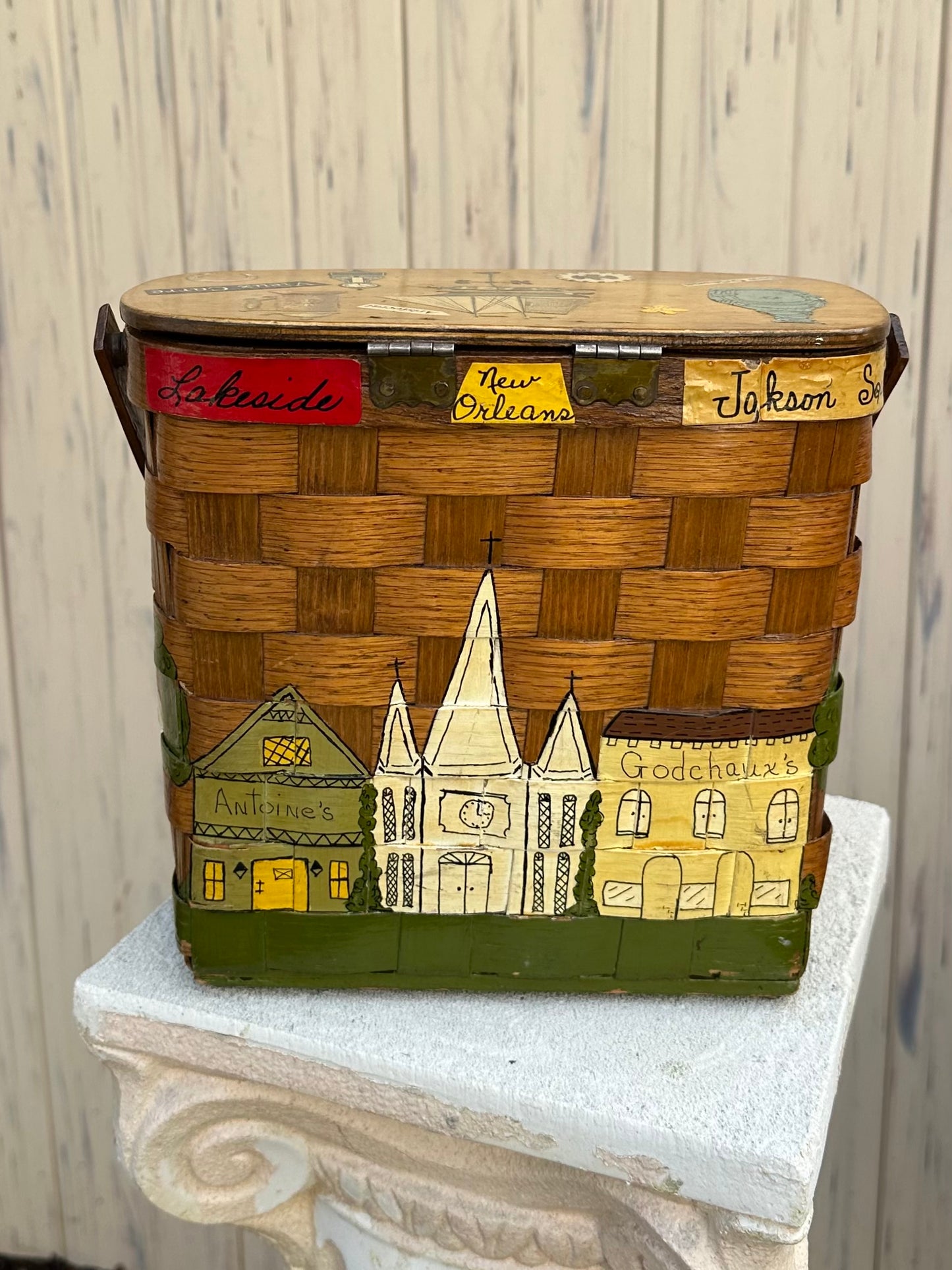 1960s New Orleans Hand Painted & Signed Katydid Wooden Picnic Basket Purse Specially for Godchaux