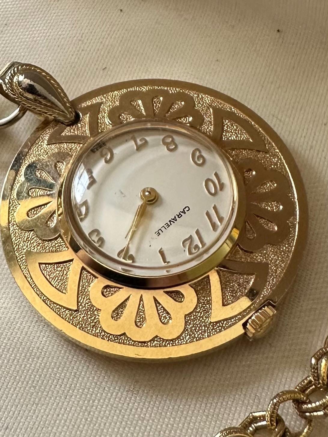 Vintage Midcentury Caravelle by Bulova Gold Plated Swiss Watch Pendant Necklace 24.25" | Needs Battery