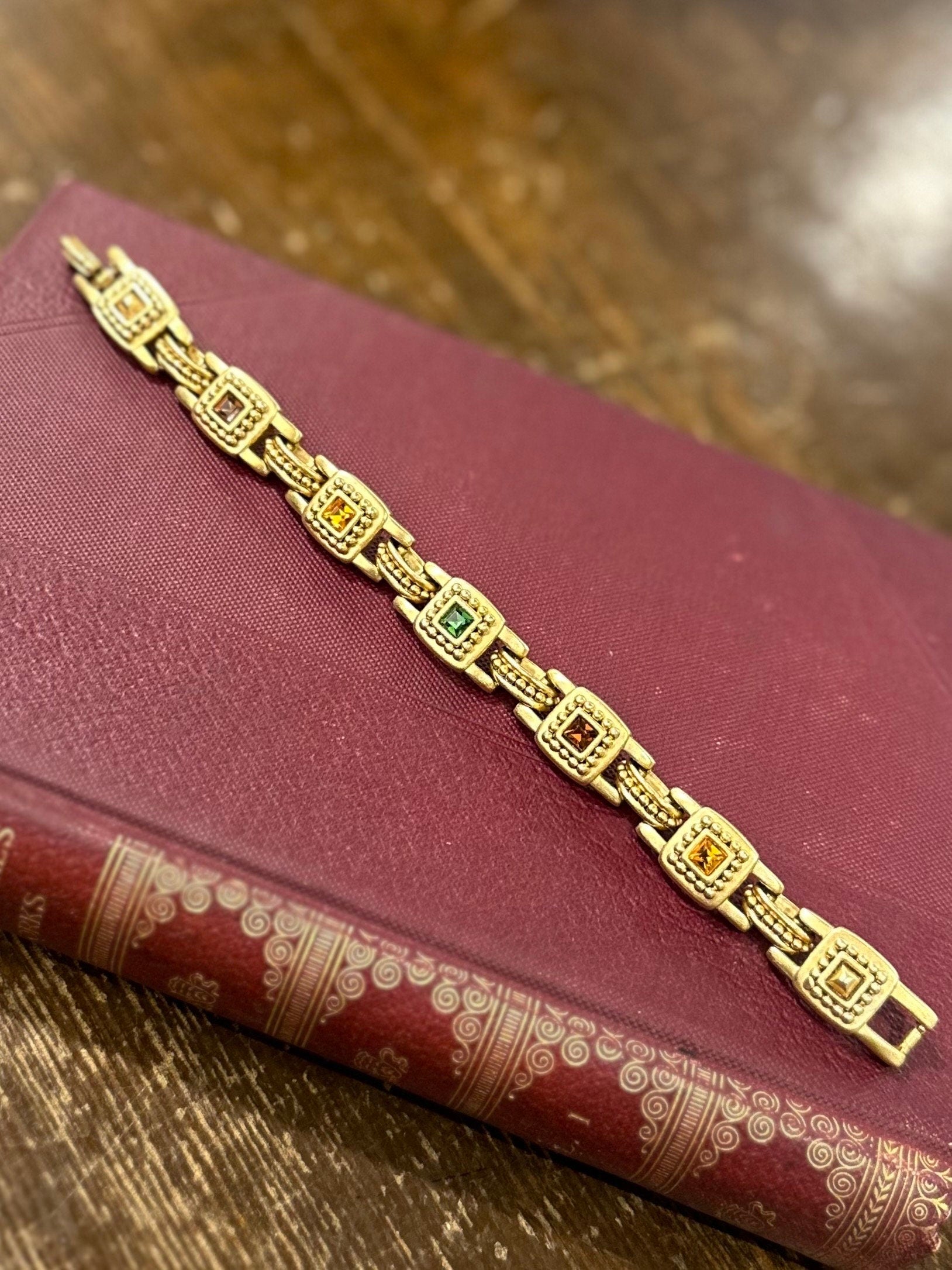 Vintage Oscar de la Renta Signed Byzantine Style Gold Tone Multicolor Faceted Square Rhinestones Link Bracelet 7.75"