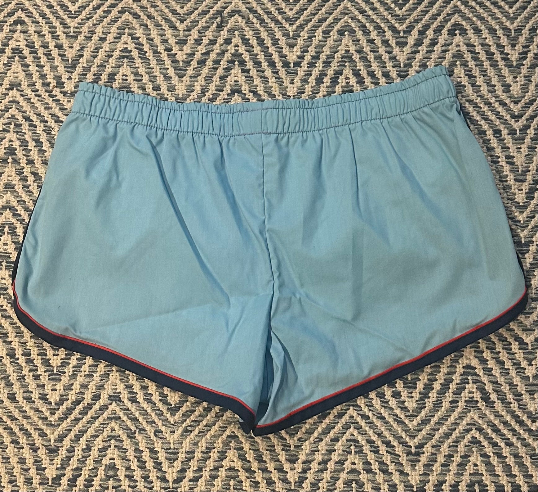 Vintage 1980s Deadstock NOS Rail Grabber Light Blue Red & Navy Striped Men's Swim Trunks Short Shorts