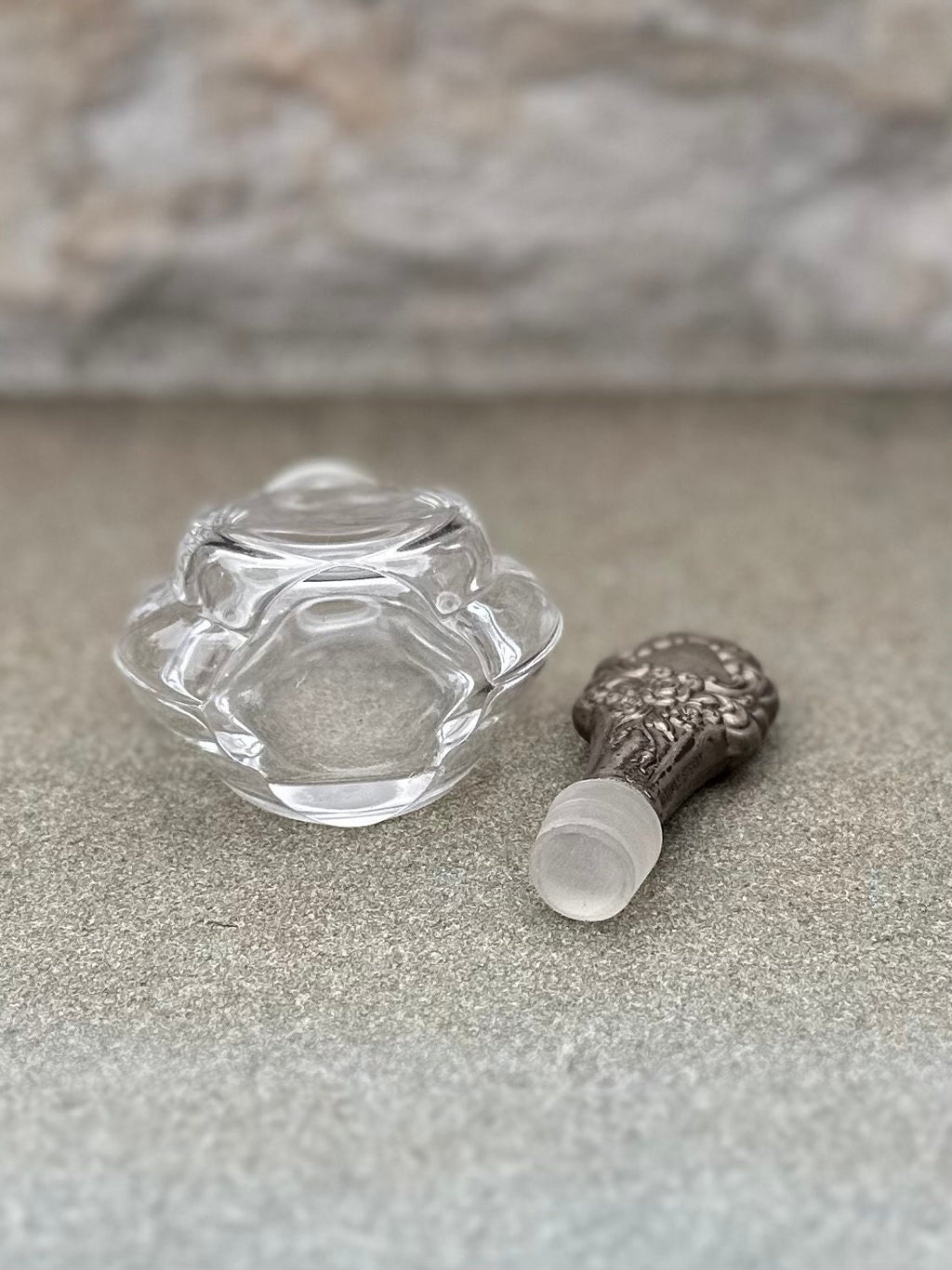 Vintage Signed Towle Sterling Silver Encased Stopper Glass Perfume Bottle Floral Rose Design