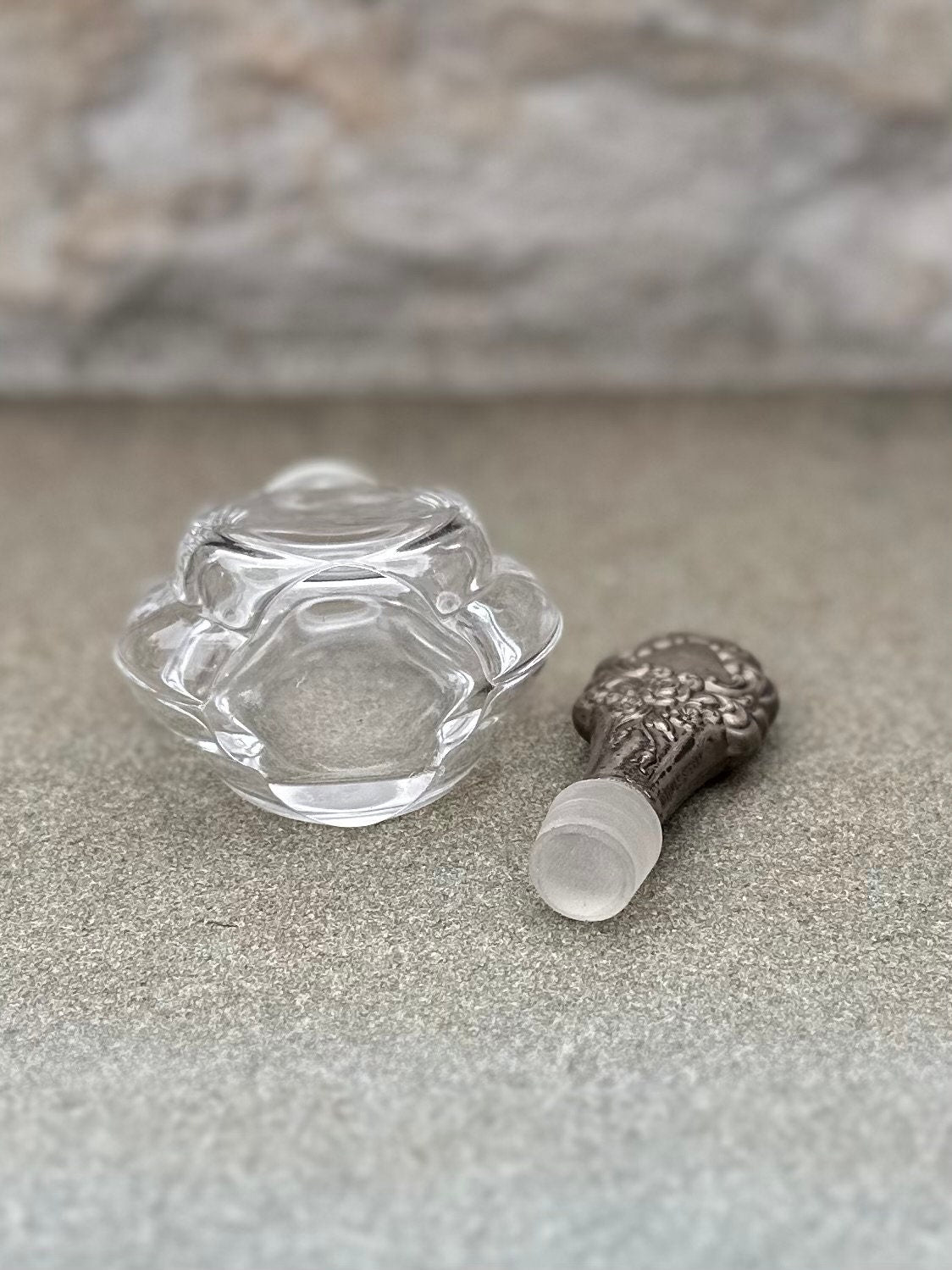 Vintage Signed Towle Sterling Silver Encased Stopper Glass Perfume Bottle Floral Rose Design