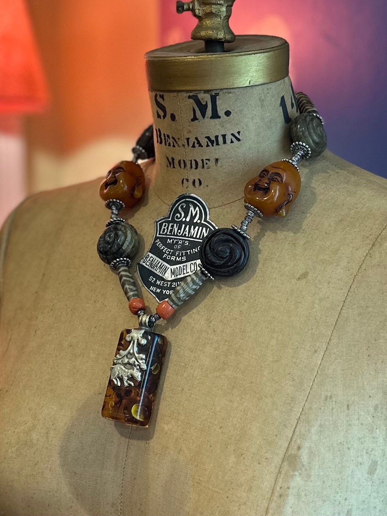 Vintage OOAK Artisan Handmade Large Tibetan Statement Necklace Happy Buddhas with Genuine Amber & Coral Toggle Clasp 20”