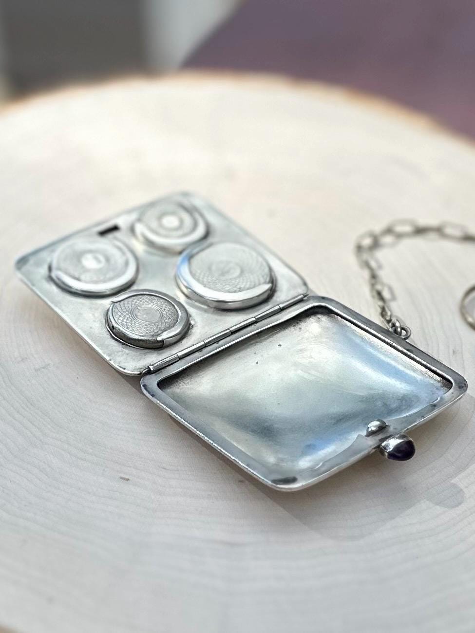 Antique 1920s 1930s Art Deco German Silver Monogrammed HBW Sovereign Coin Holder Chatelaine Compact Genuine Amethyst Cabochon