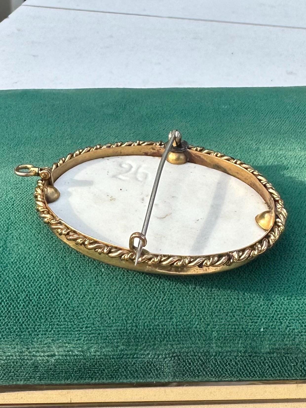 Antique Victorian Handpainted Floral African Violets Porcelain Gold Tone Brooch or Pendant C-Clasp