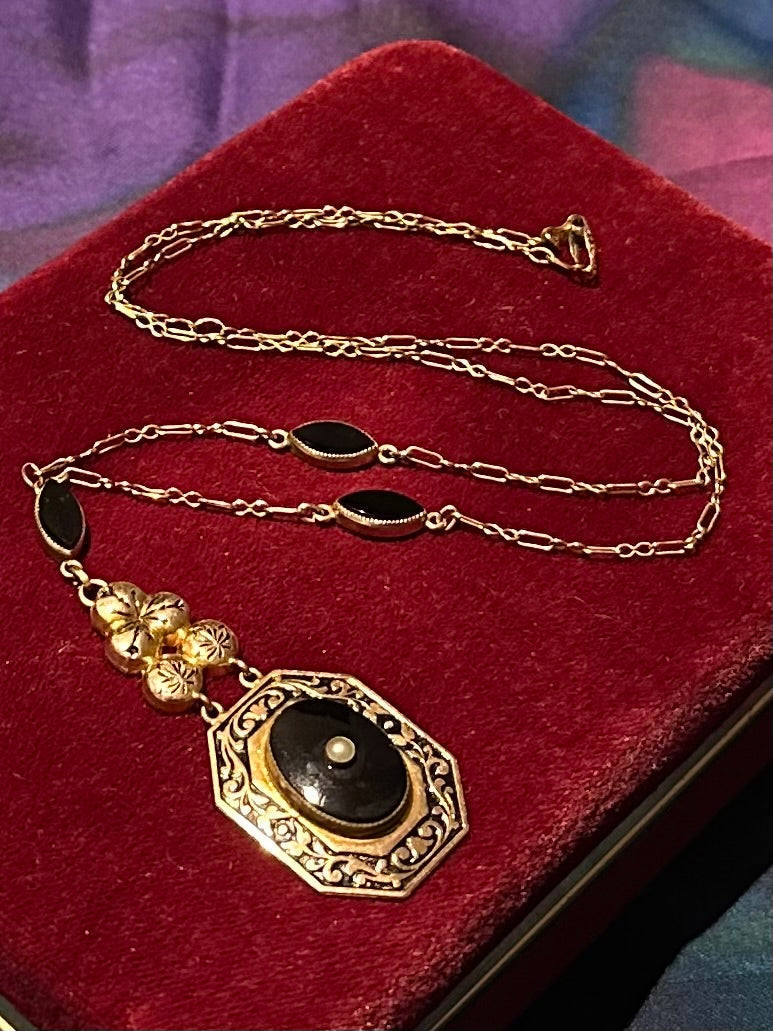 Antique Edwardian Era Gold Filled Black Onyx & Seed Pearl Pendant Necklace