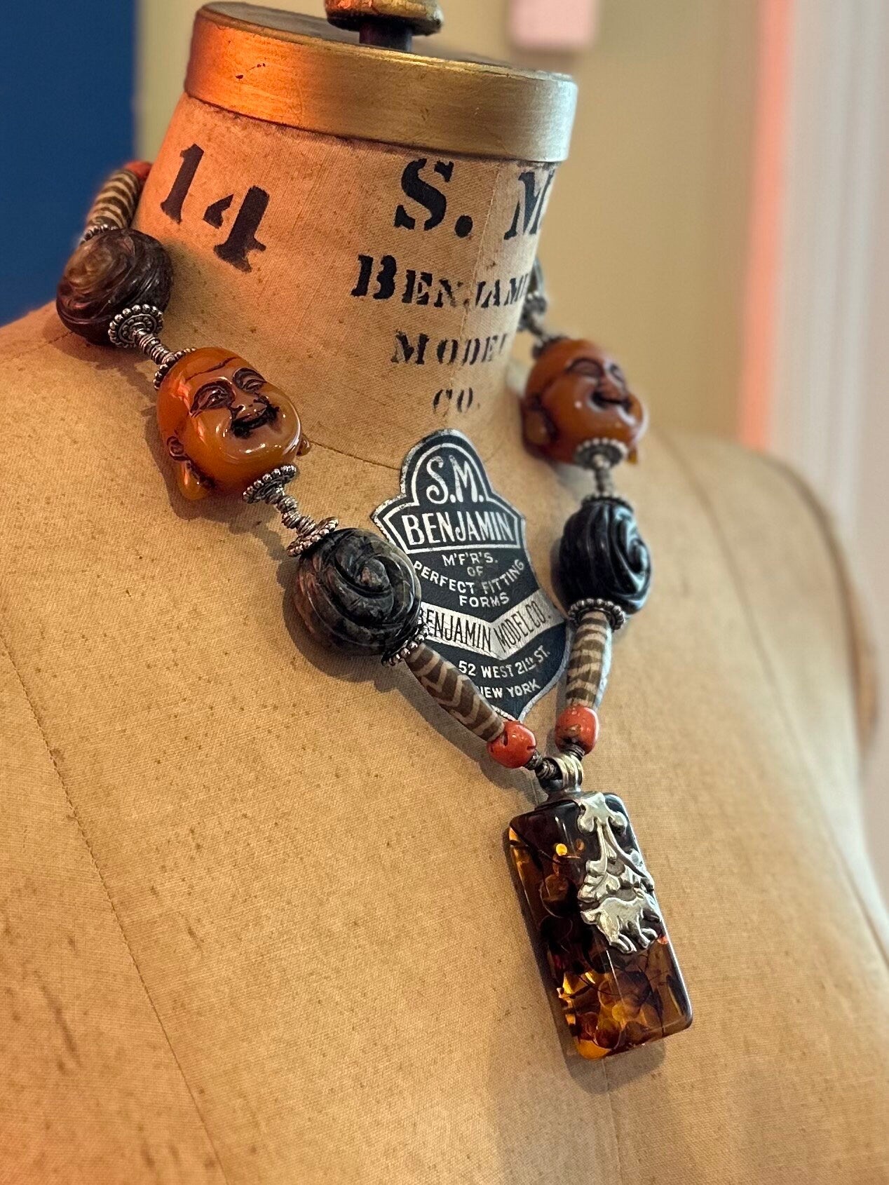 Vintage OOAK Artisan Handmade Large Tibetan Statement Necklace Happy Buddhas with Genuine Amber & Coral Toggle Clasp 20”
