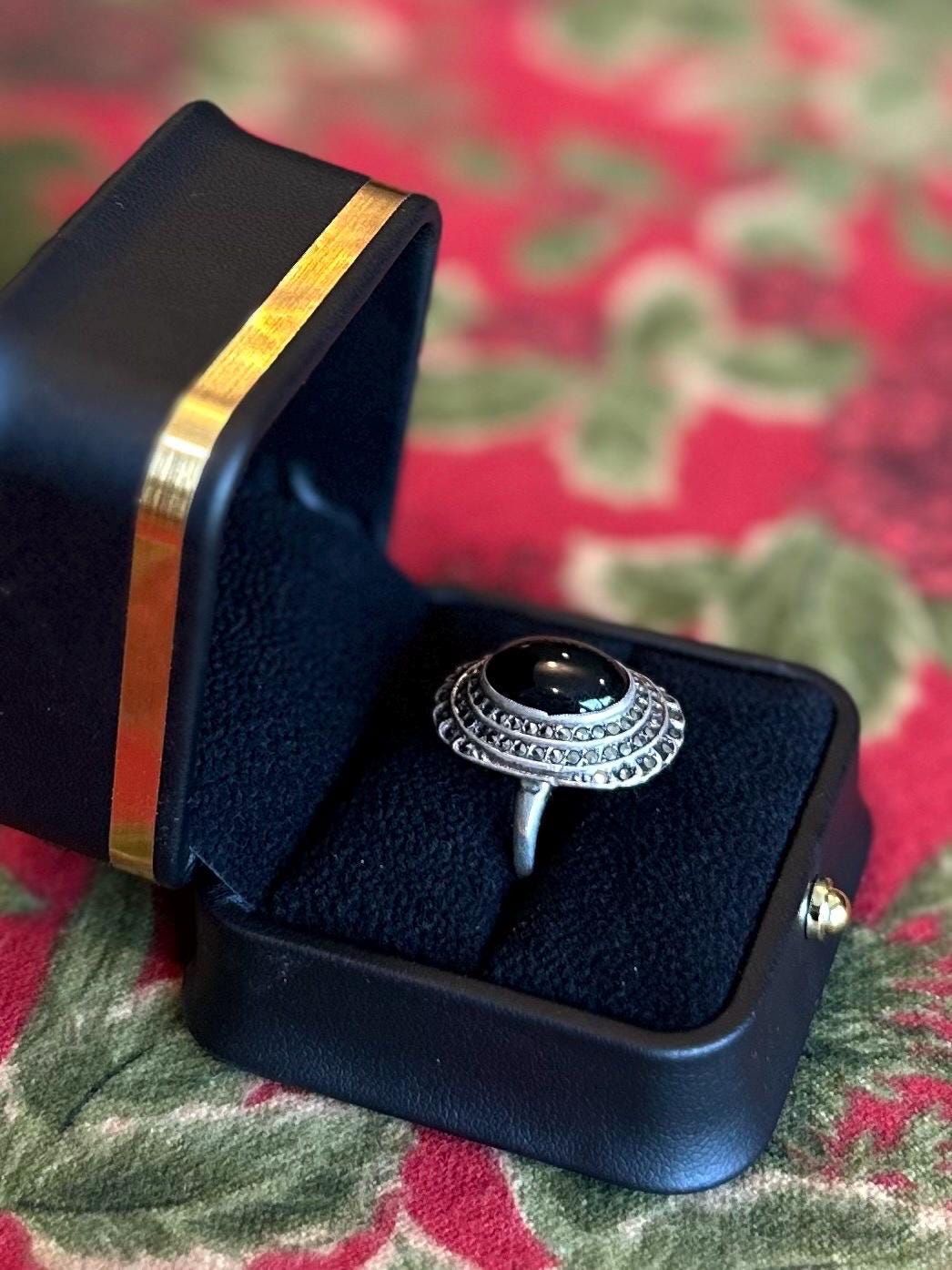 Vintage Art Deco Signed THEDA Sterling Silver Black Onyx Cabochon & Marcasite Statement Cocktail Ring US Size 6 1/2