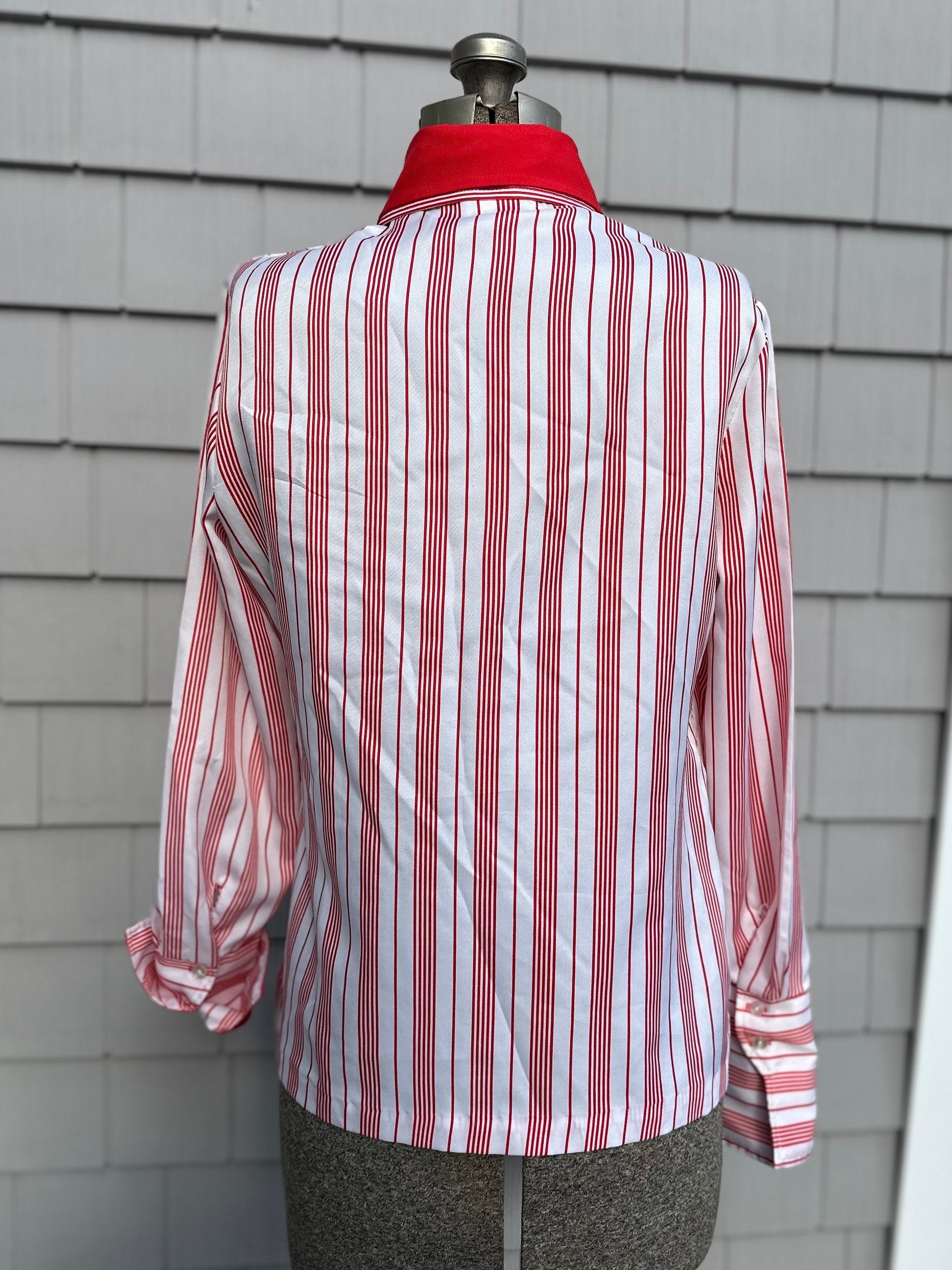 Vintage 1970s Joanna Women's Red & White Striped Double Collar Collared Button Down Blouse Long Sleeve Size 4