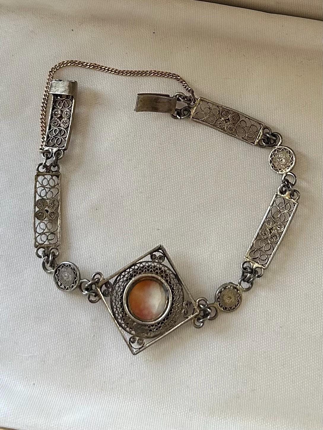 Vintage European 800 Silver Gold Gilt Delicate Filigree Hand Carved Shell Cameo Panel Link Bracelet