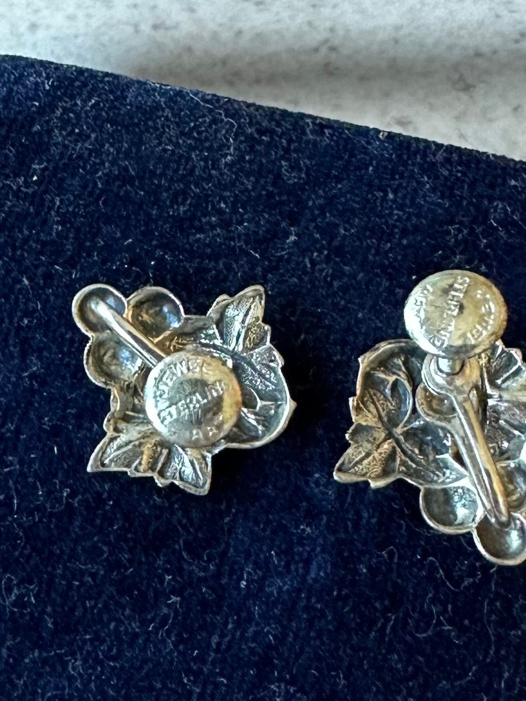 Vintage Midcentury Signed Jewel Art Sterling Silver Grape Leaves Cluster Motif Screw Back Earrings