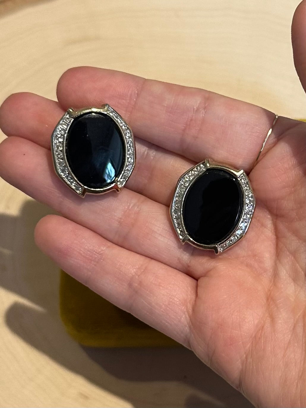 Vintage Signed Panetta Gold Tone Faux Black Onyx & Rhinestone Statement Earrings