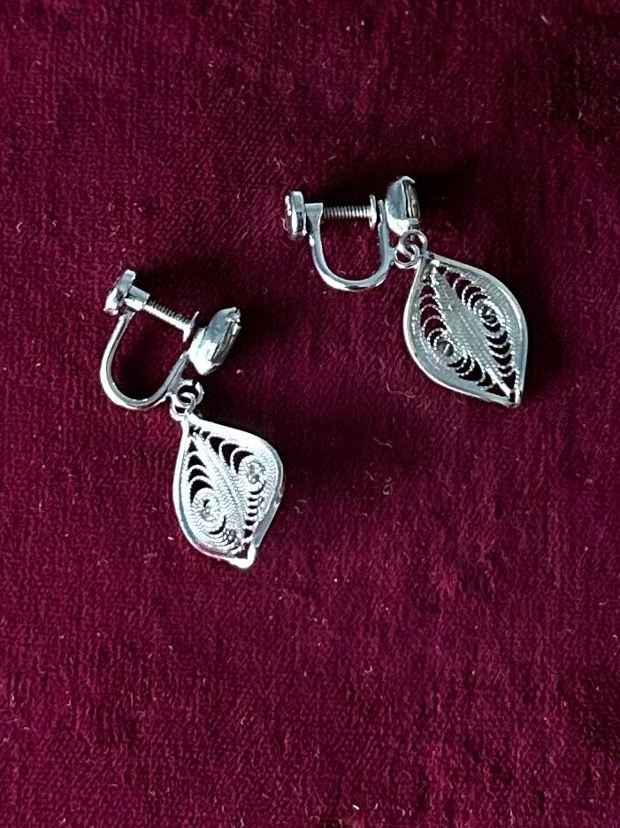 Vintage 1950s Signed ESPO FLEX Sterling Silver Filigree & Marquise Rhinestone Screw-back Earrings
