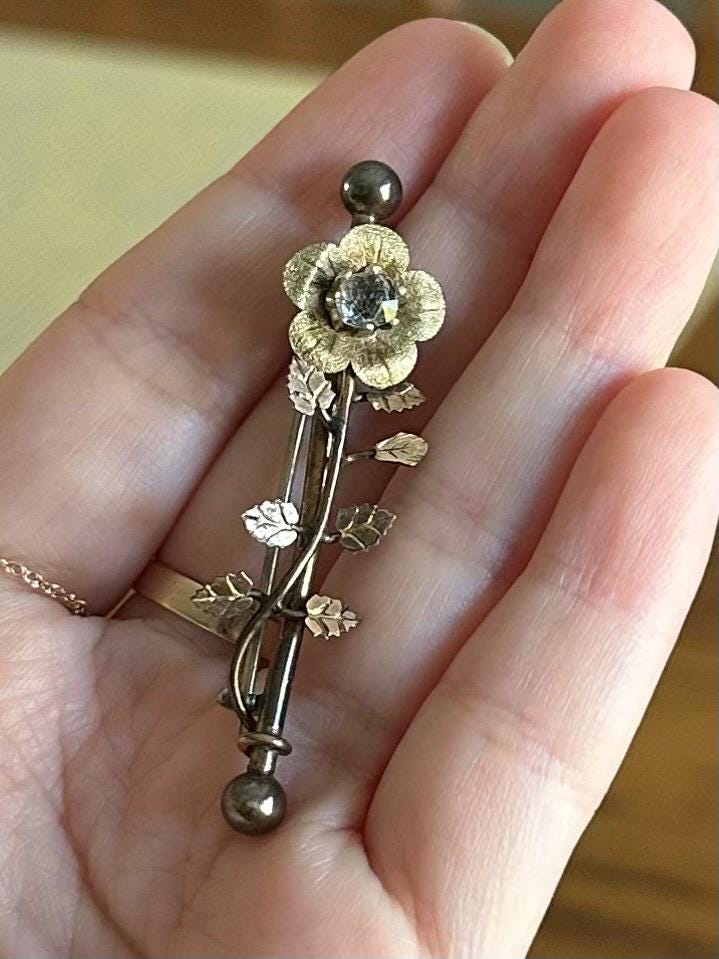 Antique Circa 19th Century Victorian Era Gold Filled Clear Paste Floral Leaf Vine Bar Pin Brooch C-Clasp