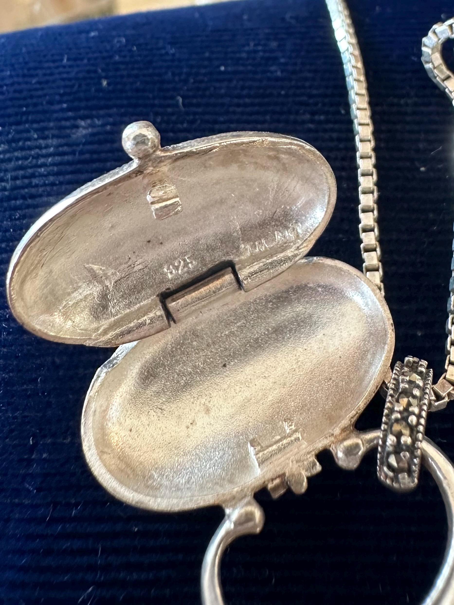 Vintage 925 Sterling Silver & Marcasite Locket Secret Compartment Pendant Necklace Box Chain 20”