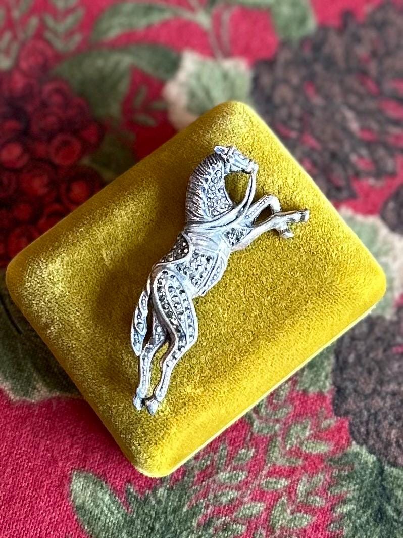 Vintage 1980s 1990s Signed BOMA Sterling Silver & Marcasite Galloping Horse with Reigns Brooch Equestrian