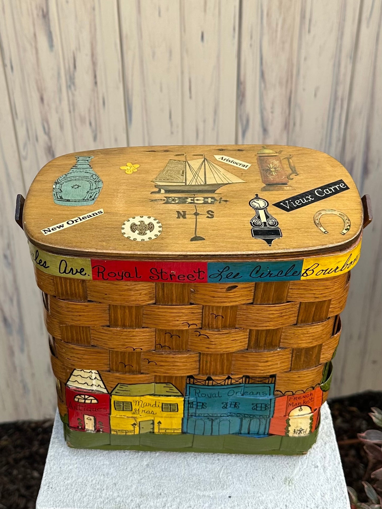 1960s New Orleans Hand Painted & Signed Katydid Wooden Picnic Basket Purse Specially for Godchaux