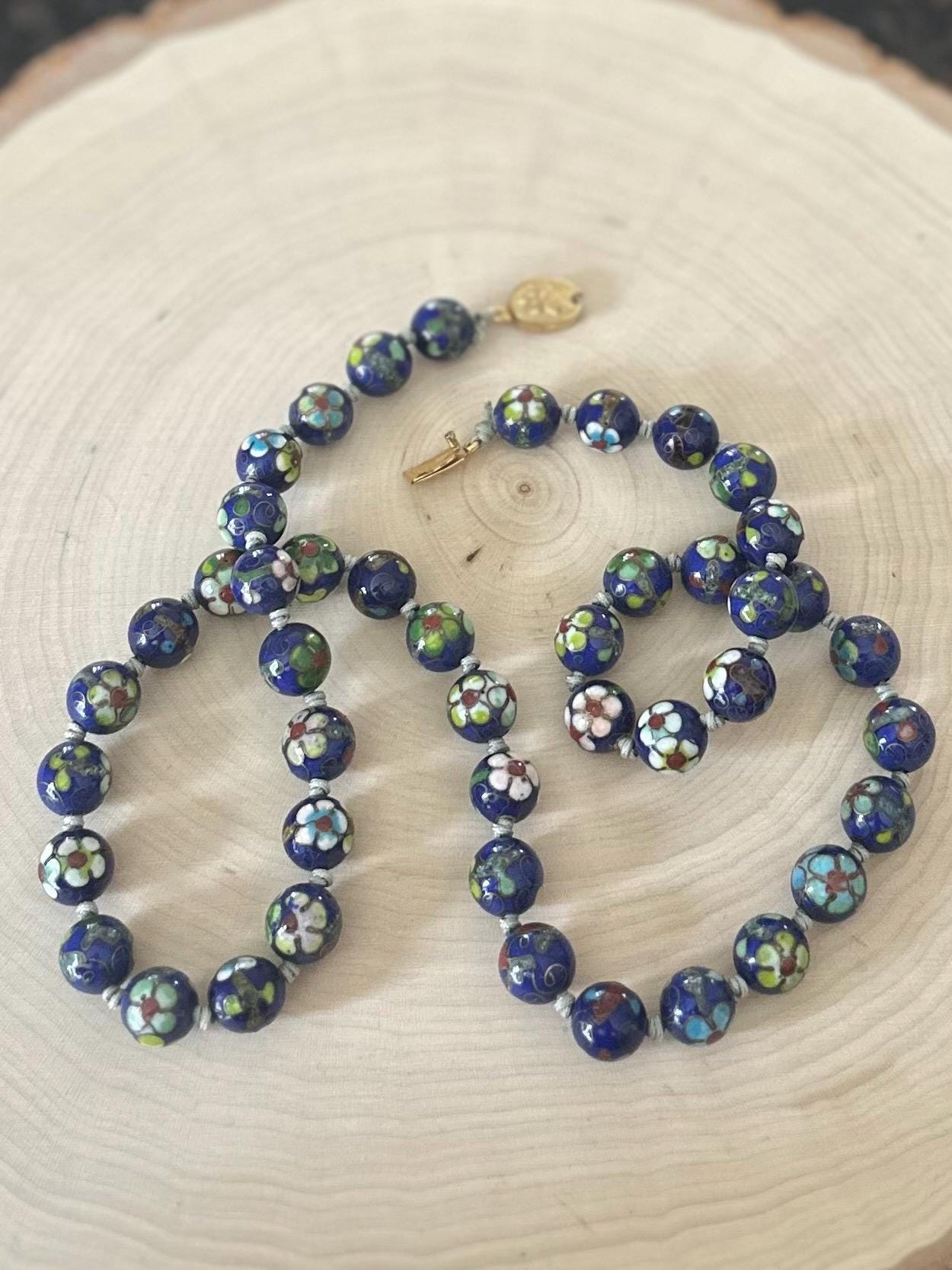 Vintage Midcentury Hand Knotted Blue Cloisonné Enamel Blue Floral Porcelain Beaded Necklace 23”