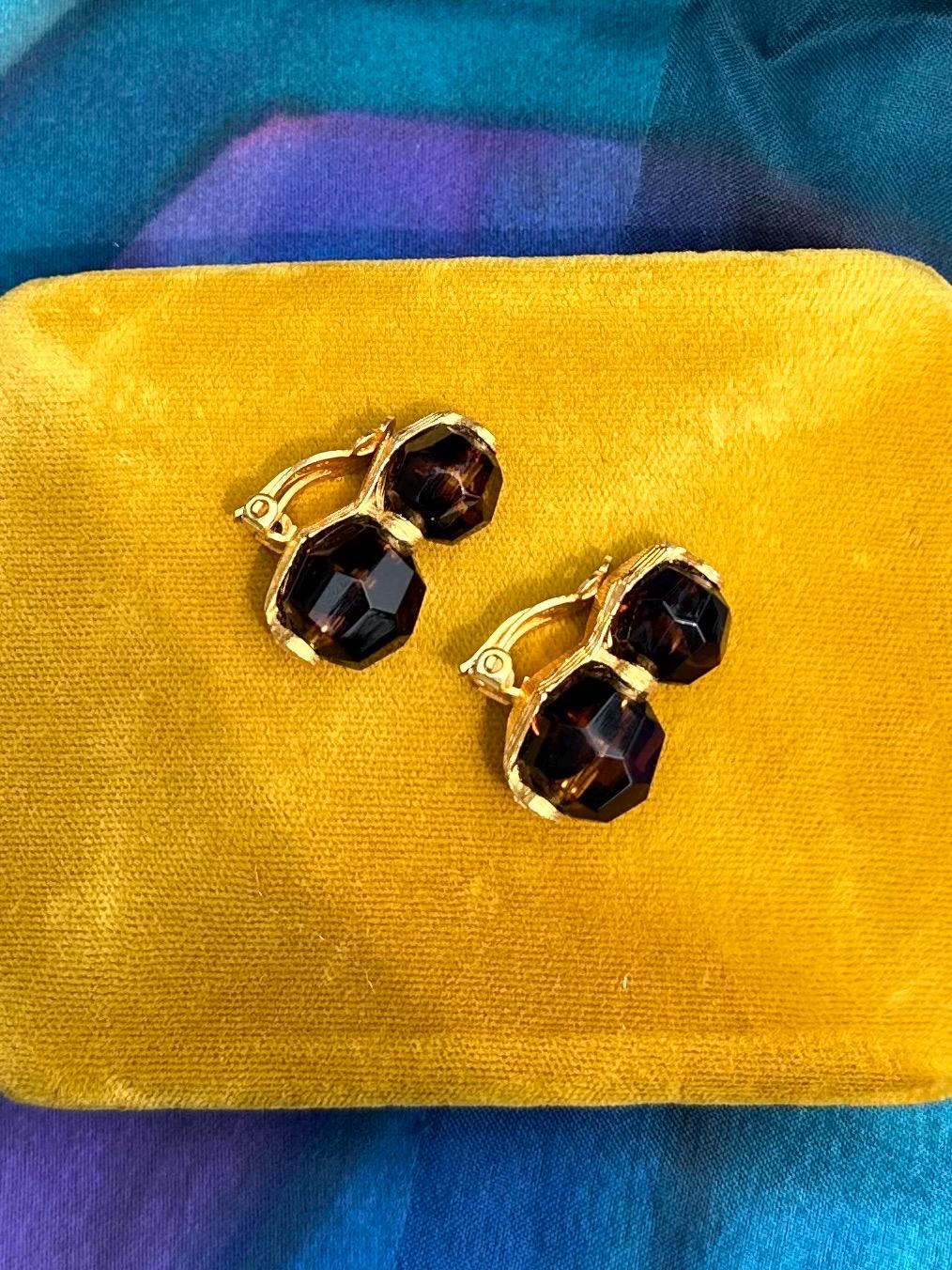 Vintage 1950s Signed JONNE Schrager Gold Tone & Brown Tortoise Faceted Glass Clip-on Earrings Midcentury