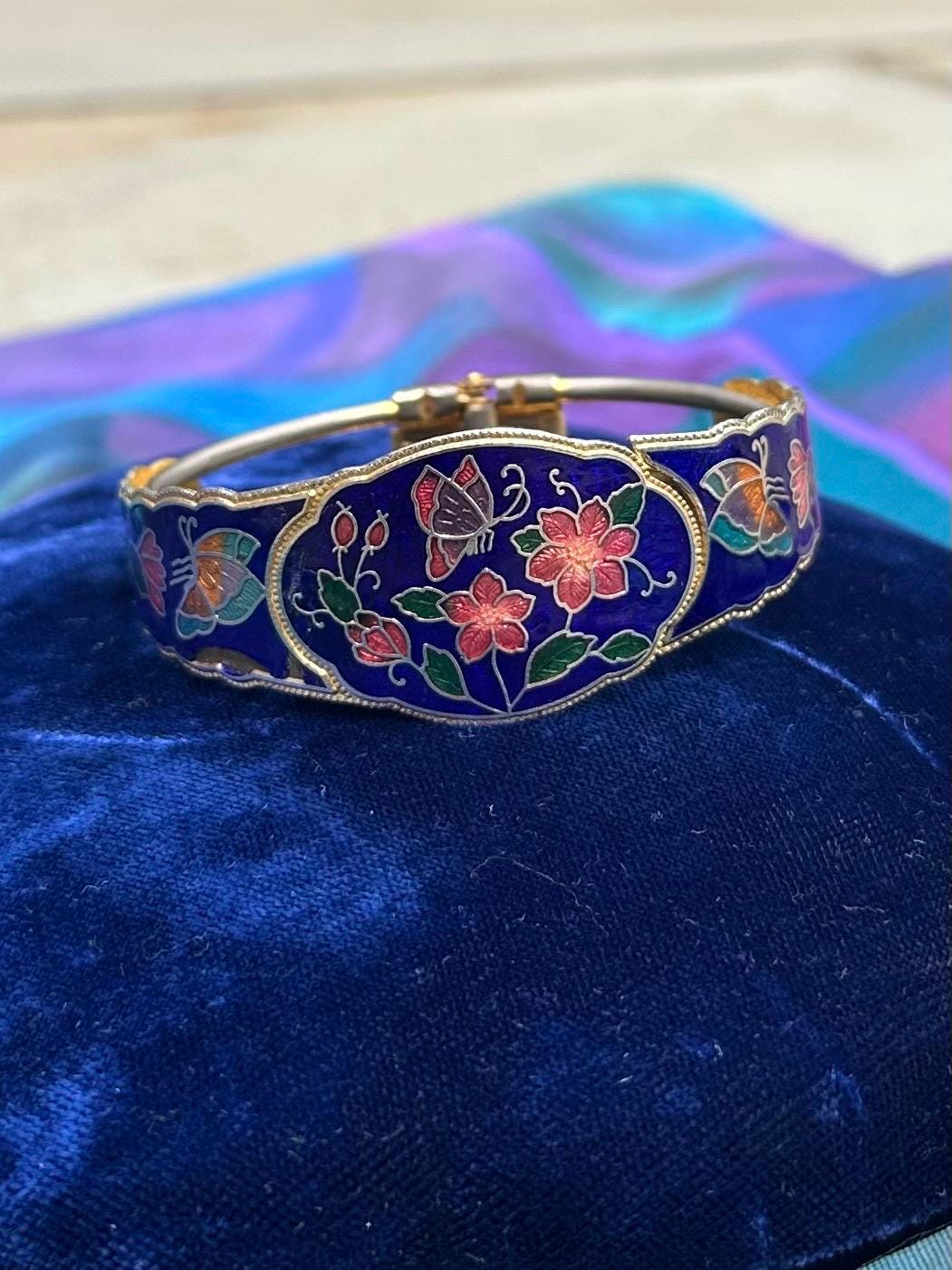 Vintage Cloisonne Enamel Blue Multicolor Butterfly Floral Clamper Bangle Bracelet