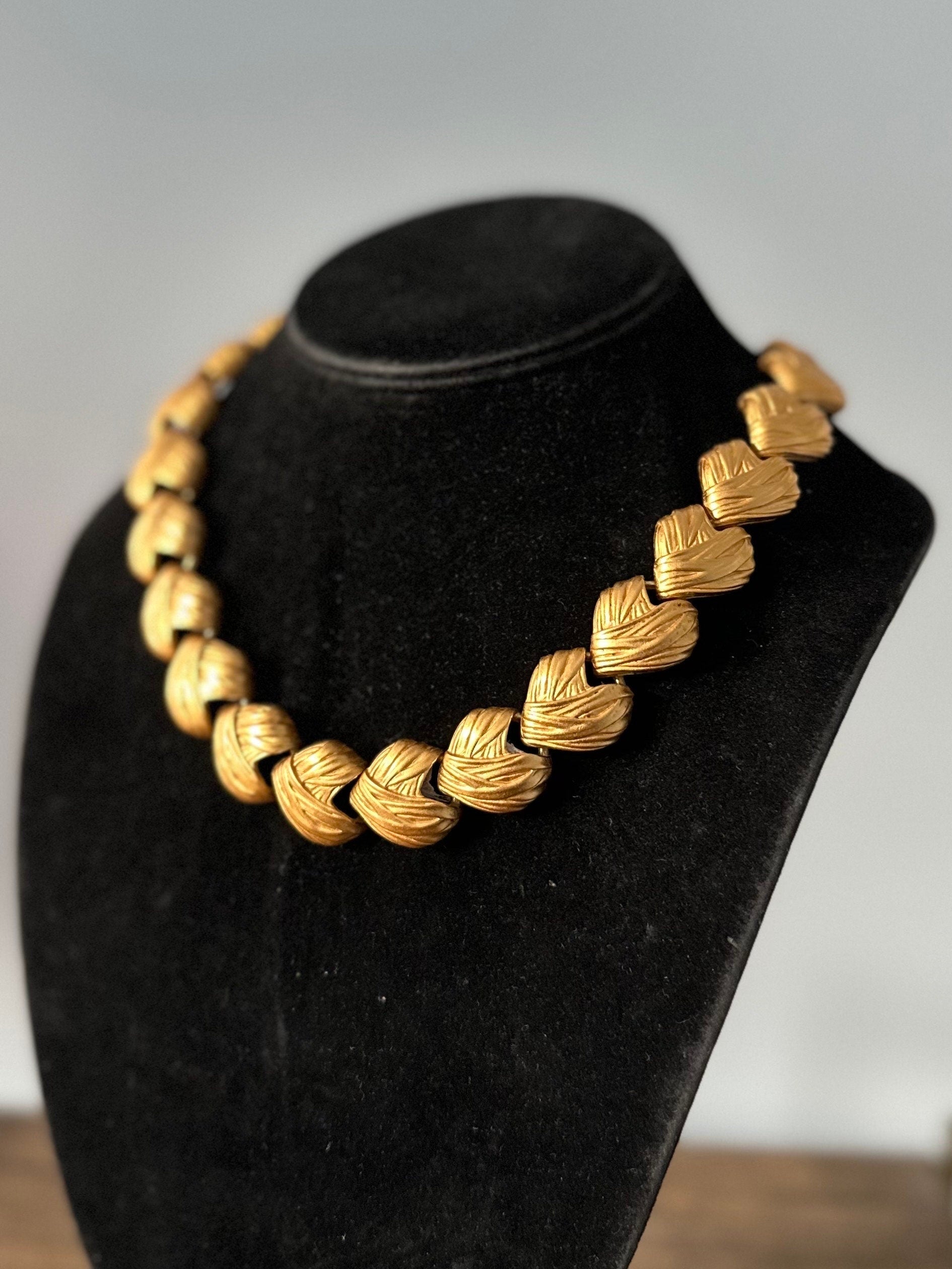 Vintage 1980s 1990s Signed Lion Anne Klein Chunky Matte Finish Gold Tone Necklace Toggle Closure
