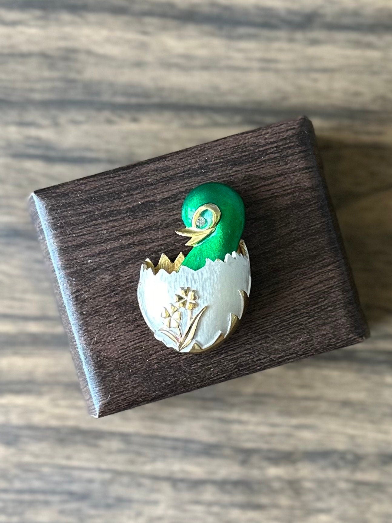 Vintage Signed Alice Caviness Green Enamel Duckling Chick in Egg Gold Tone Brooch Rhinestone Eye Easter