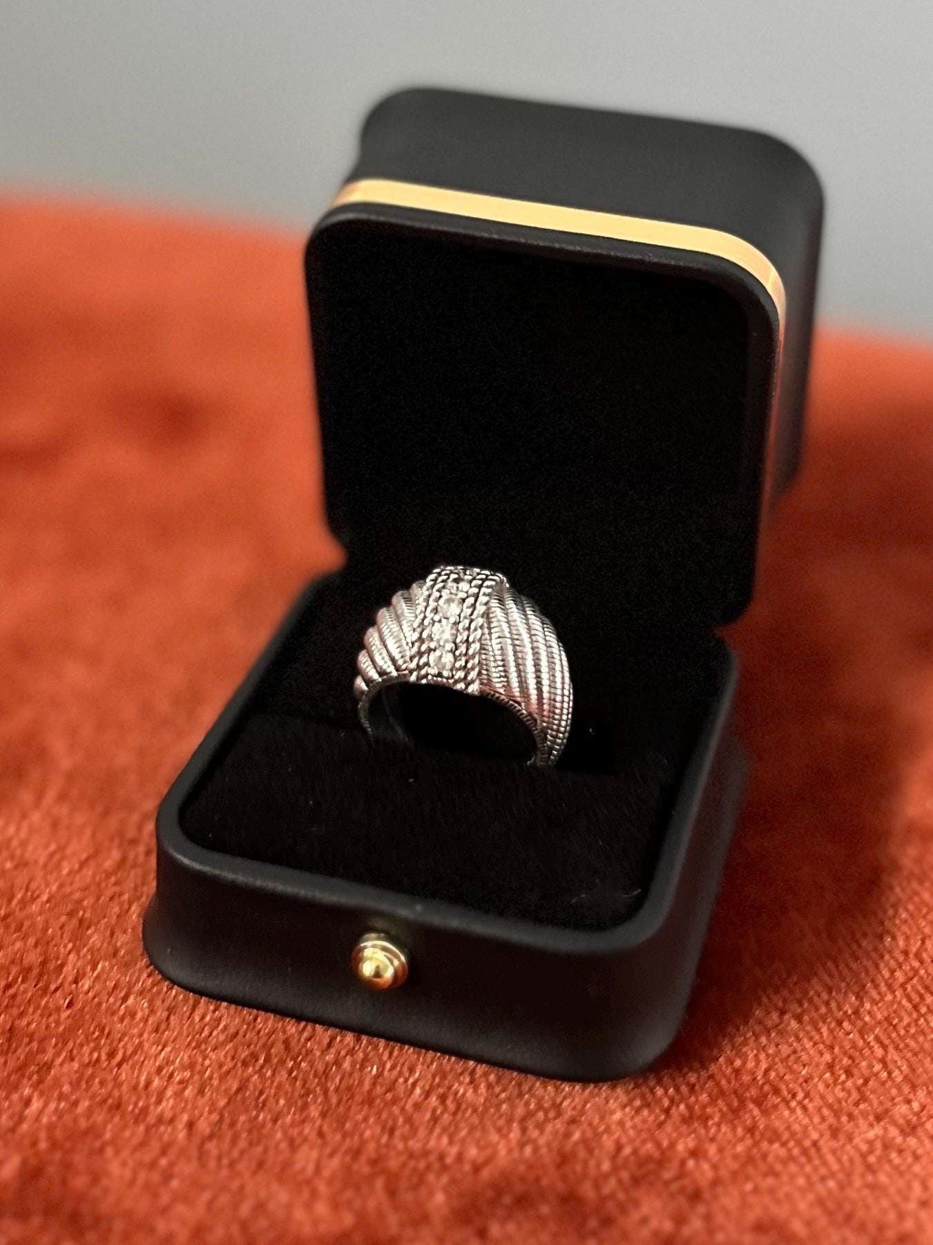 JUDITH RIPKA Sterling Silver Domed Swirl Cubic Zirconia Statement Ring Signed US Size 8