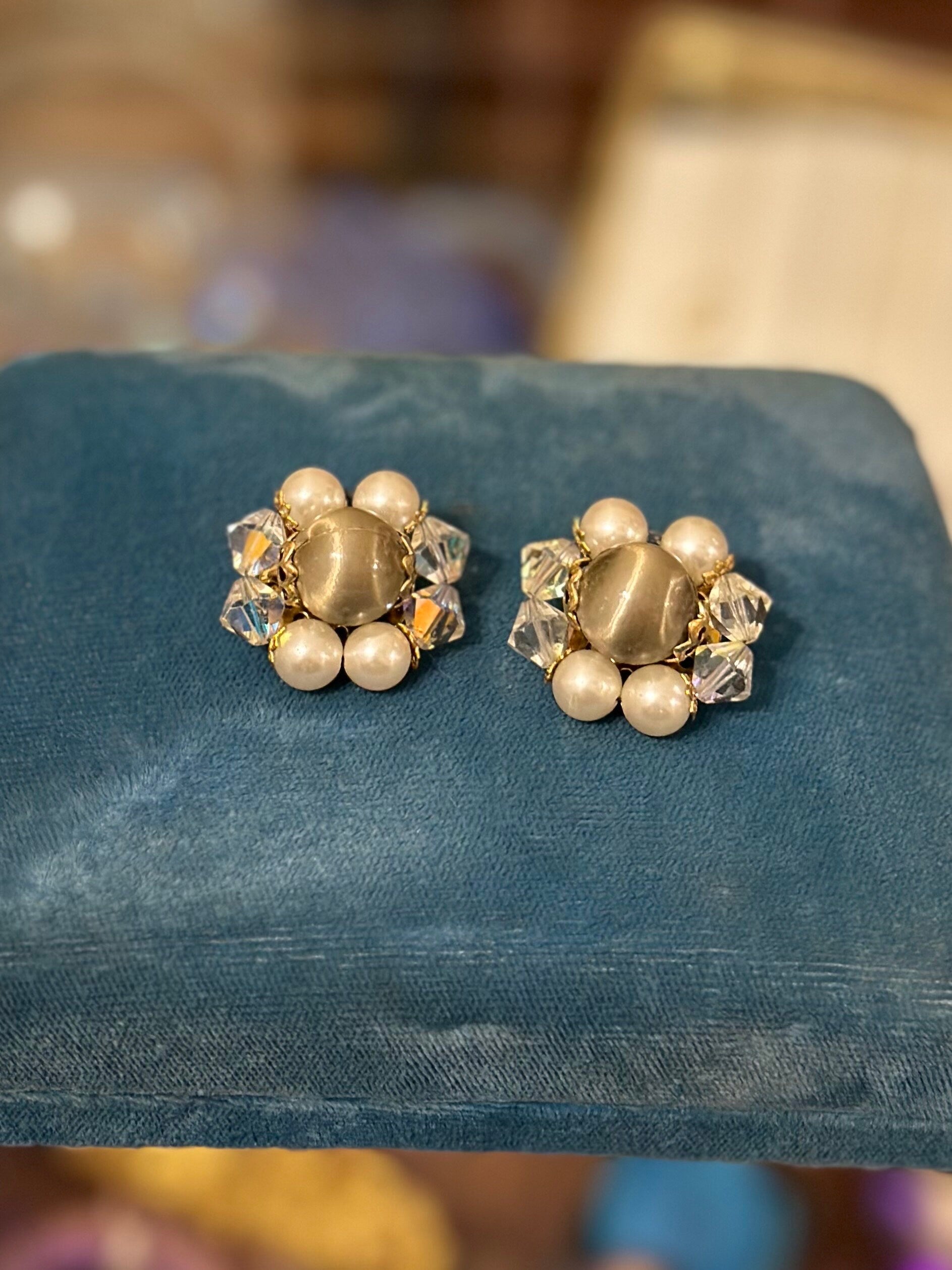 Vintage 1960s Faux Taupe & Cream Pearl and Crystal Beaded Triple Strand Choker Collar Necklace with Matching Clip-On Earrings