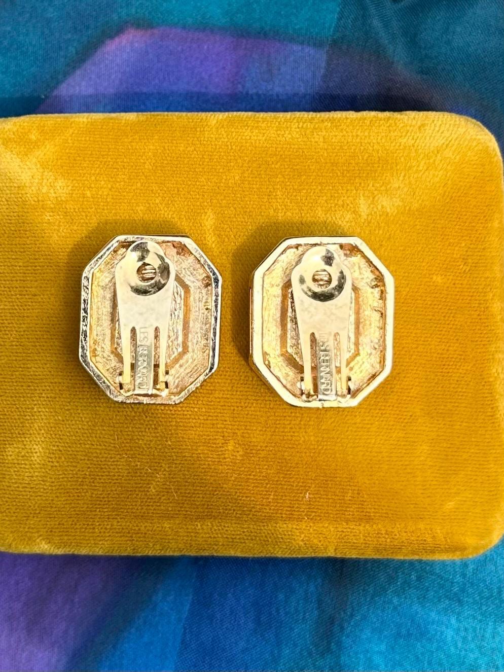 Vintage Signed LES BERNARD Large Faceted Orange Glass & Clear Rhinestone Gold Tone Octagonal Rectangle Statement Clip-on Earrings