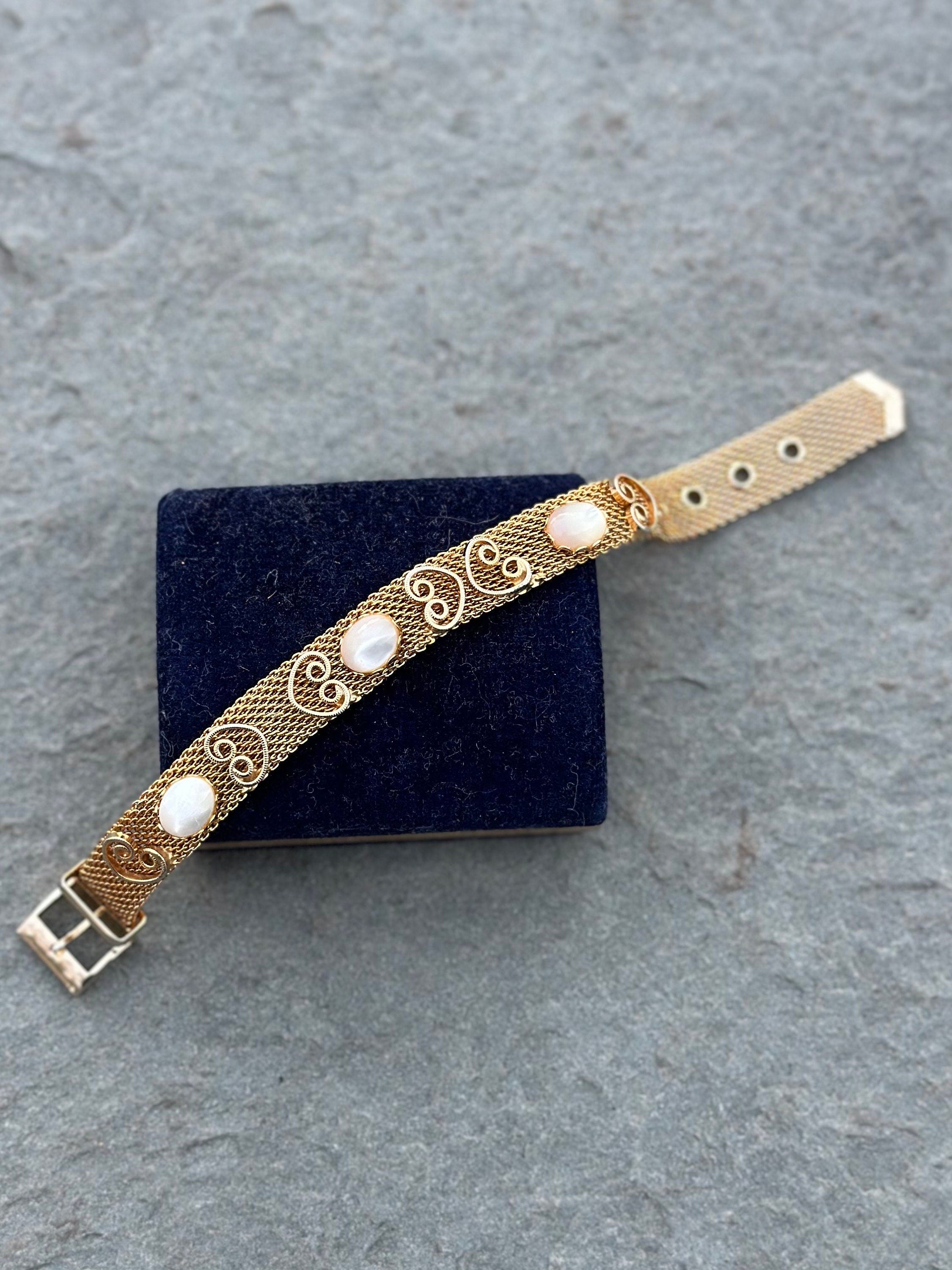 1970s Vintage Gold Tone Mesh Belt Bracelet with Cabochon Faux Opal Stones Midcentury