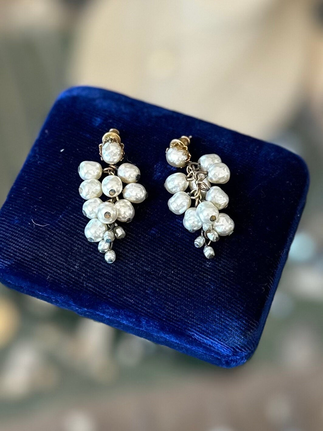 Vintage Signed Miriam Haskell Baroque Faux Pearl Cluster Dangle Earrings Gold Tone