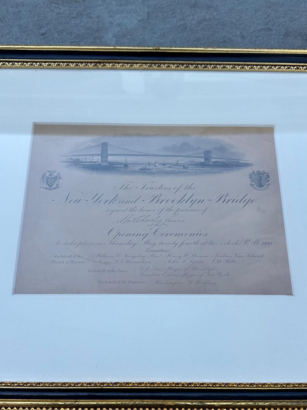 Framed Antique 1883 Original Tiffany & Co. Invitation Opening Ceremonies New York Brooklyn Bridge May 24 1883 Signed 16x12”