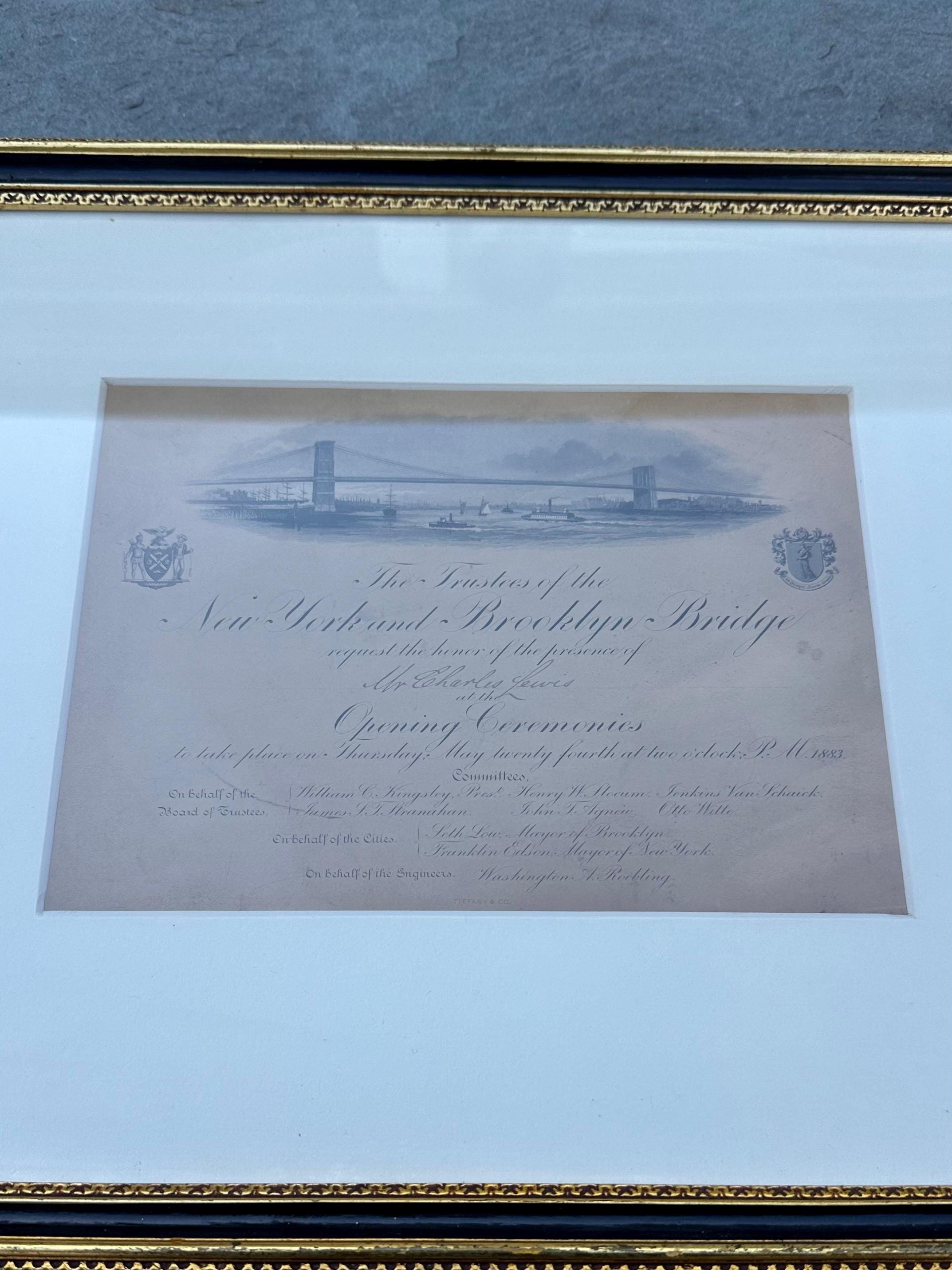 Framed Antique 1883 Original Tiffany & Co. Invitation Opening Ceremonies New York Brooklyn Bridge May 24 1883 Signed 16x12”