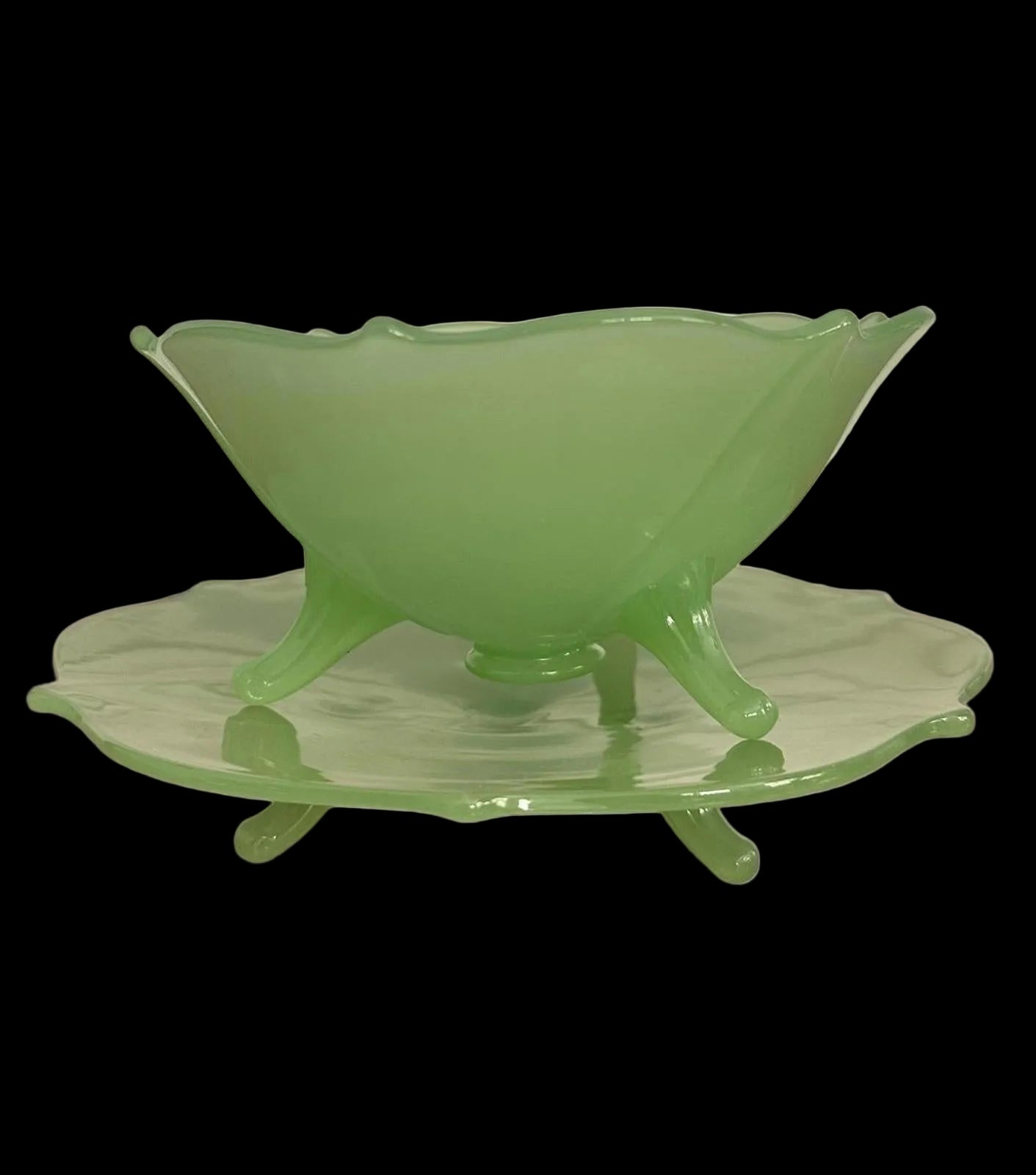 Vintage Jadeite Glass Lotus Footed Bowl & Footed Plate Set