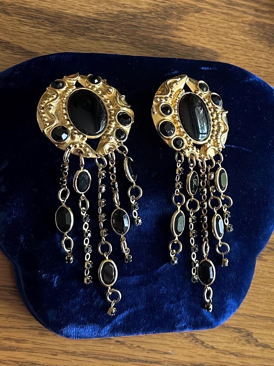 Vintage Signed SORRELLI Gold Tone & Black Rhinestone and Crystal Chandelier Statement Clip-on Earrings Runway