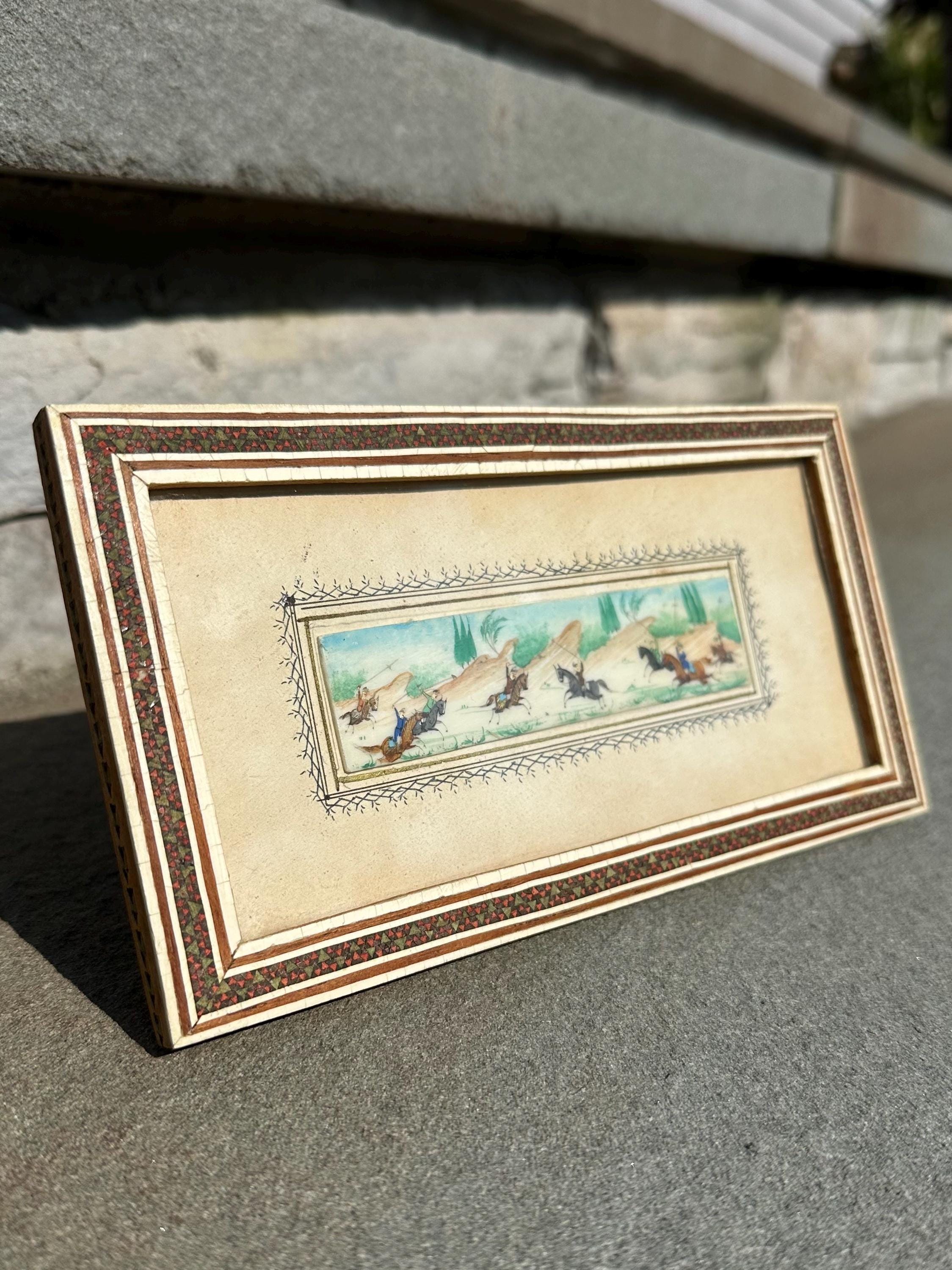 Vintage Circa 1940s Middle Eastern Persian Battle Miniature Painting on Bone in Rectangular Mosaic Inlaid Frame Easel Back