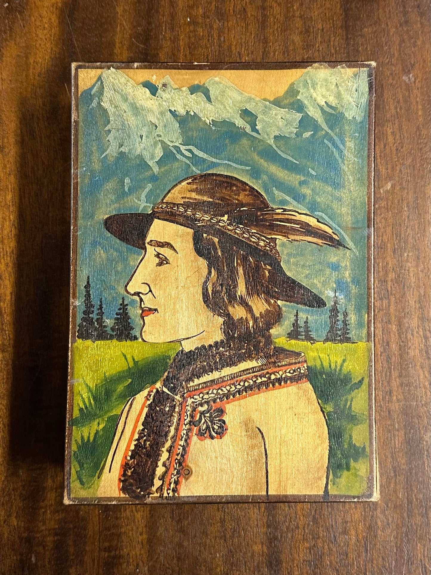 Vintage European Folk Art Hand Carved & Hand Painted Wood Lidded Trinket Box